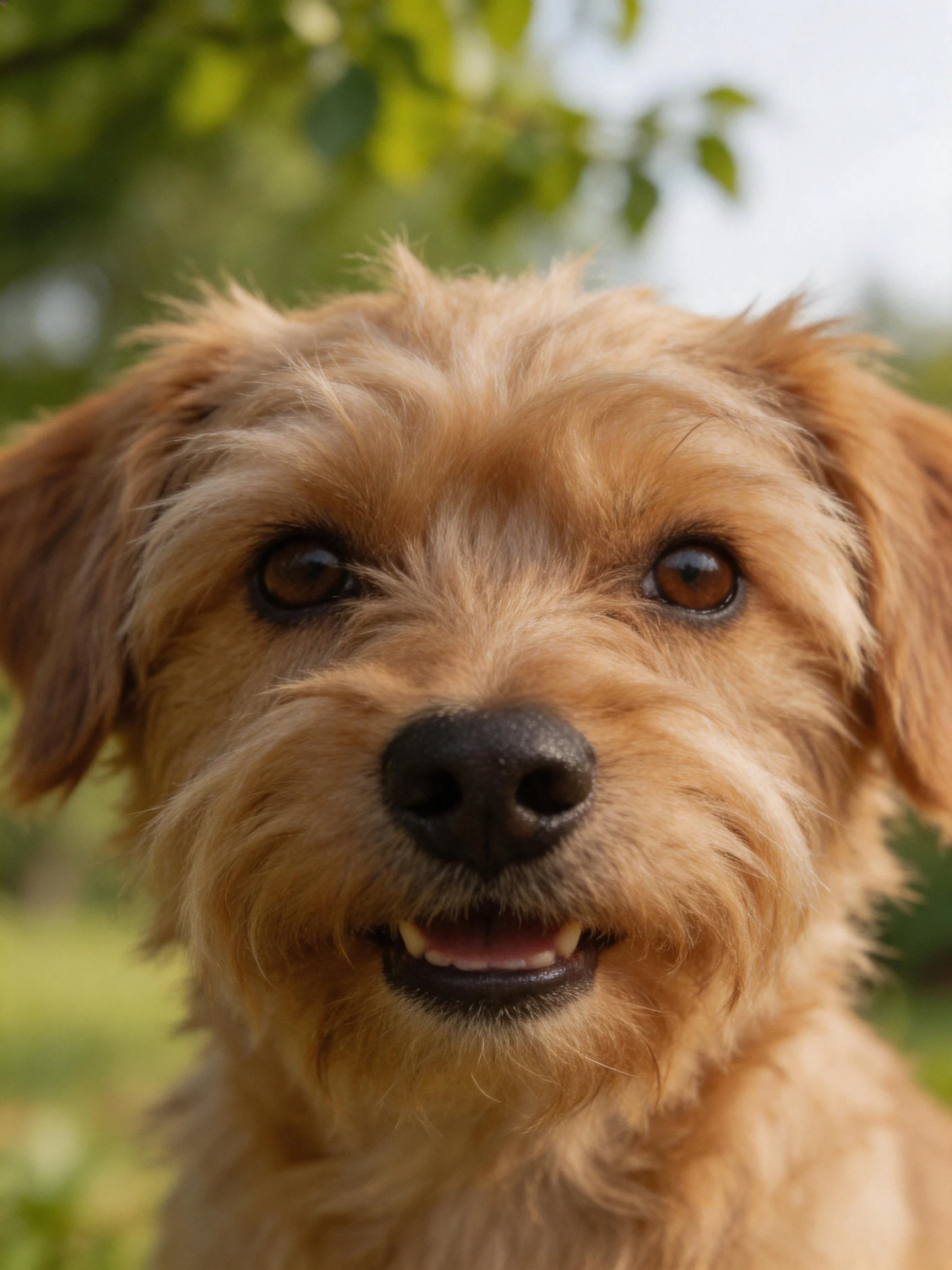 A light brown shaggy dog in an outdoor scene