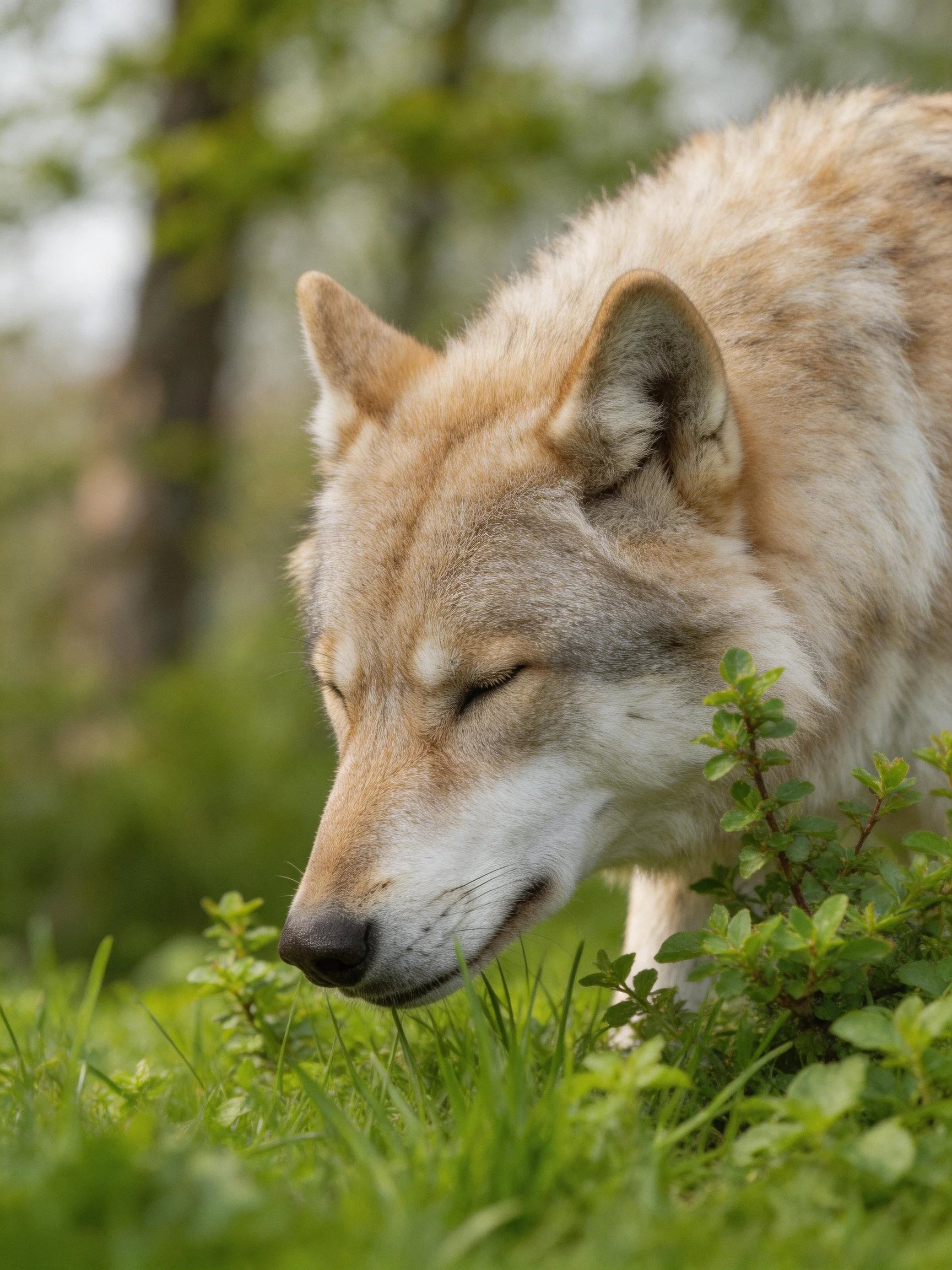 A light brown wolf inspects green plants in a forested outdoor space.