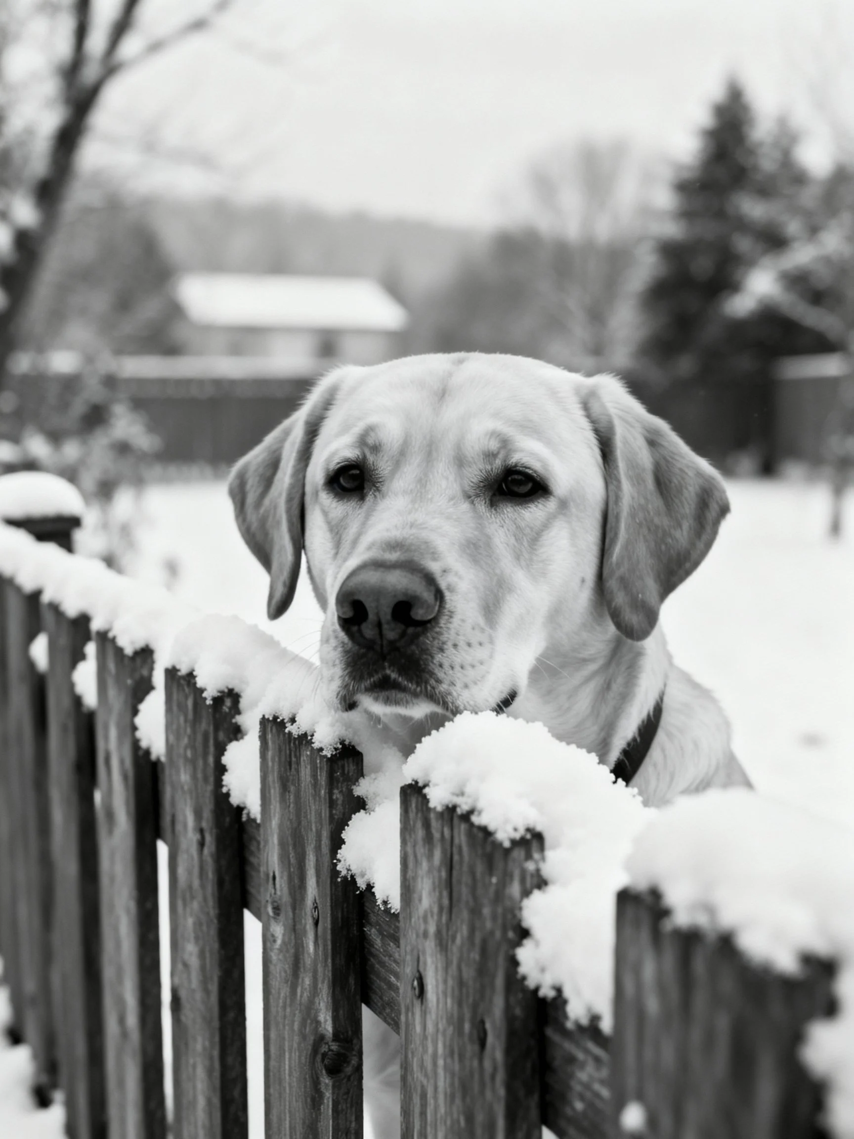 A light-coated dog peers over a snow-laden wooden fence