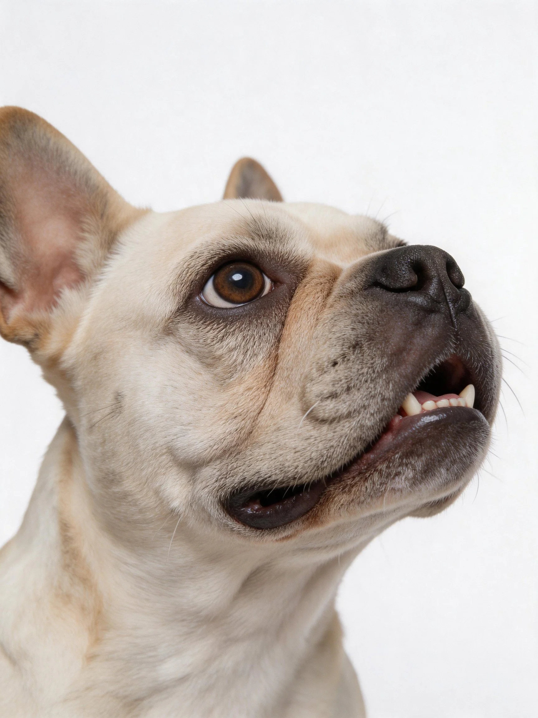 A light - colored bulldog with a dark snout looks upward
