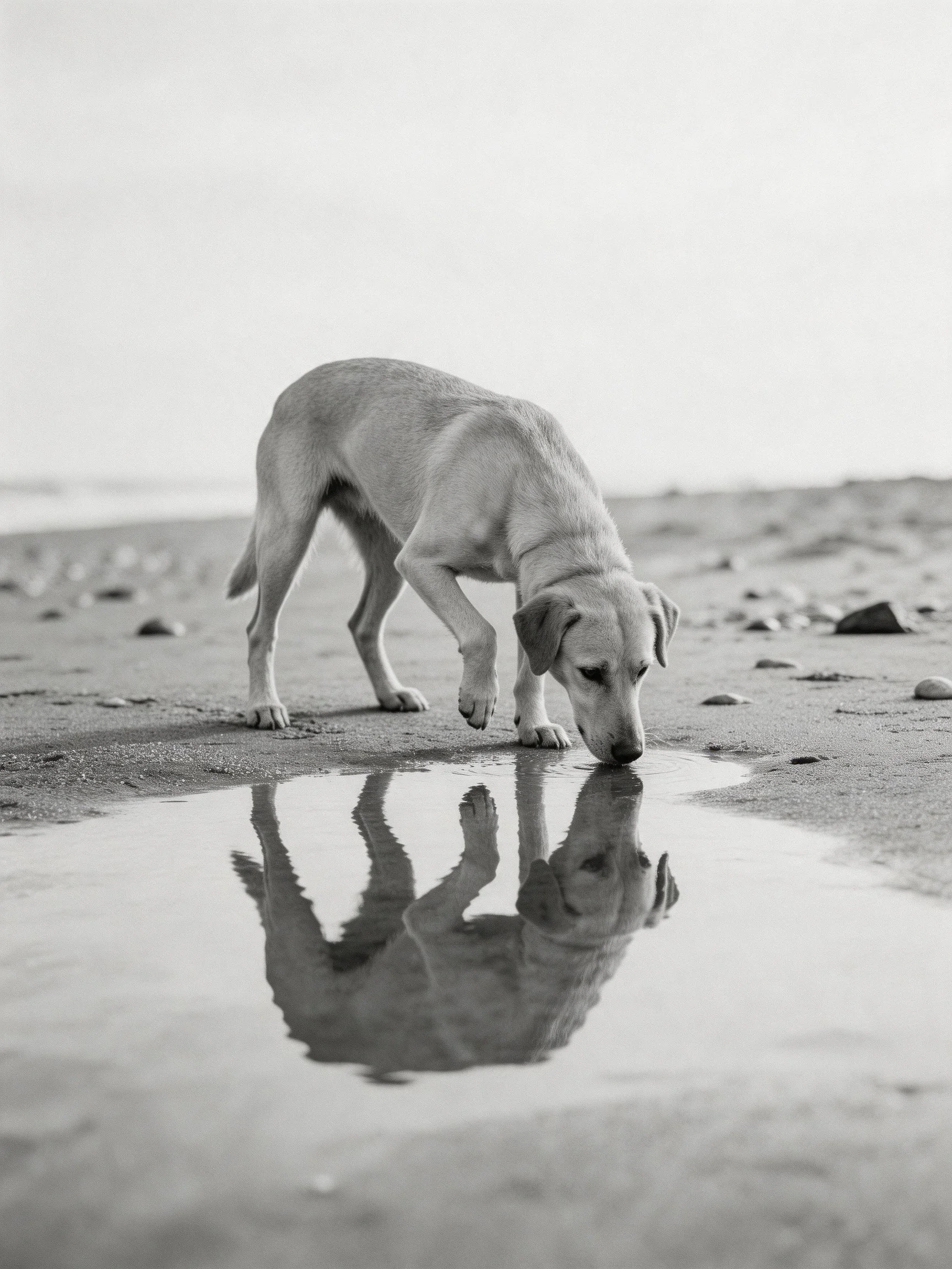 A light - colored dog drinks from a reflective puddle on a sandy beach