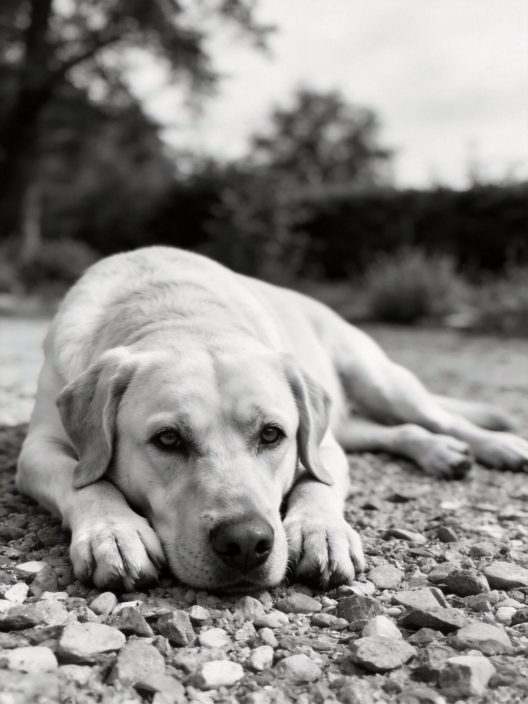 A dog rests on gravel in an outdoor setting.