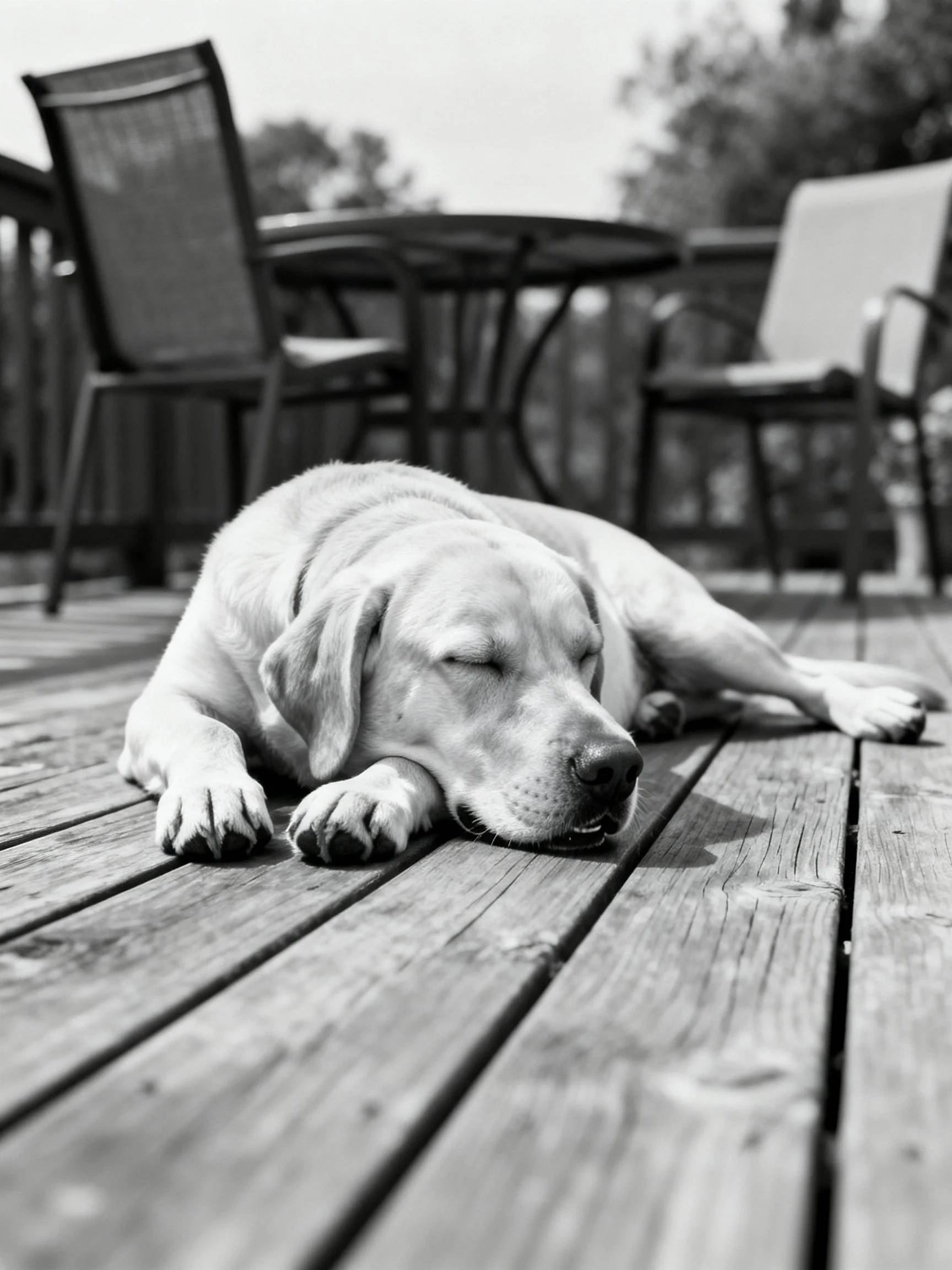 A dog sleeps peacefully on a wooden deck with patio furniture nearby.