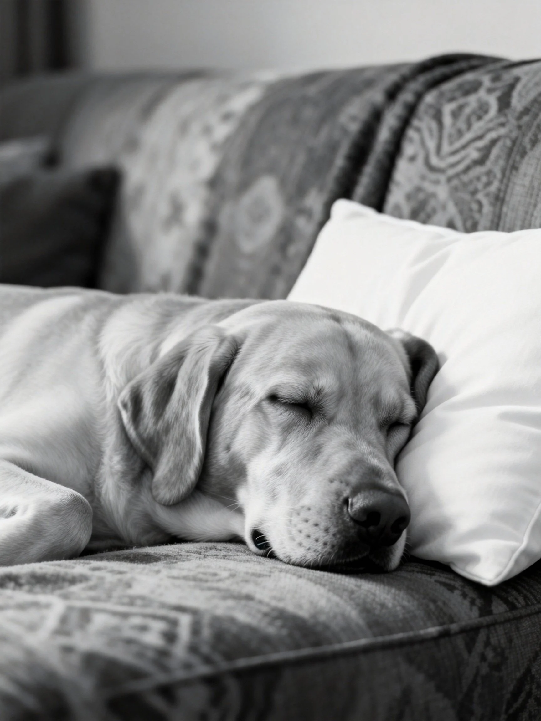 A light - colored dog rests on a patterned couch beside white pillows