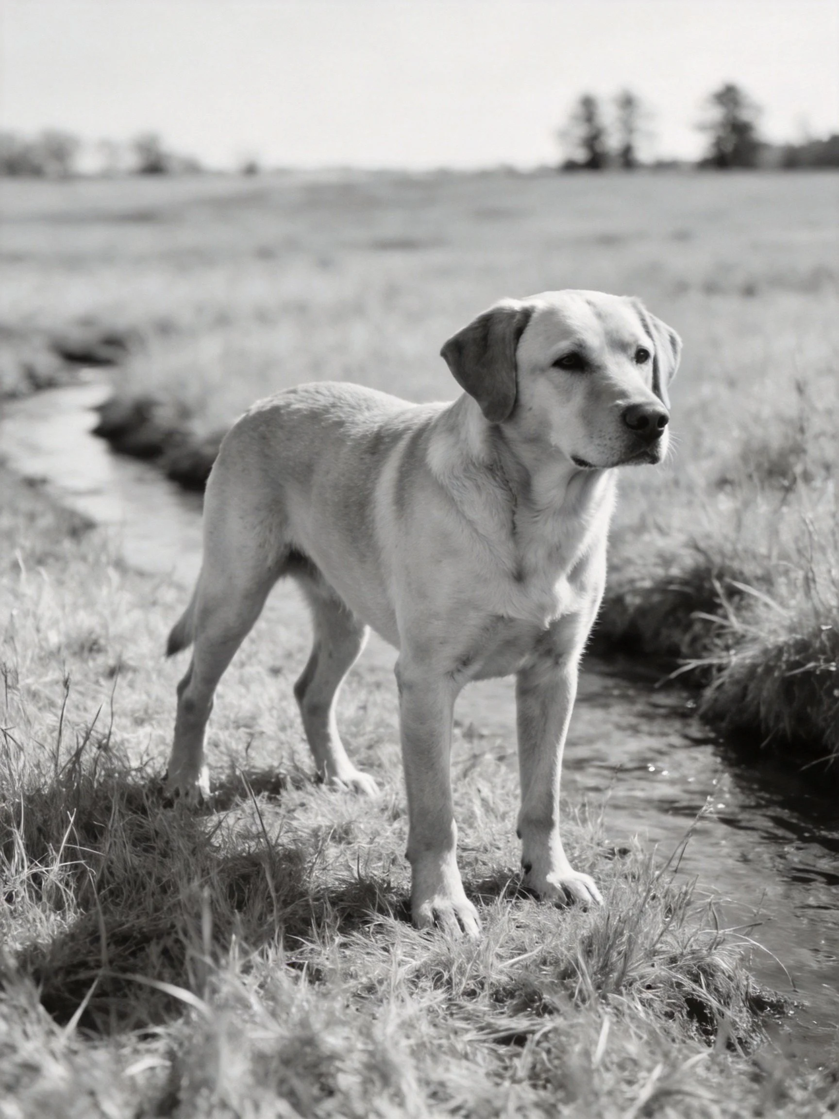 A dog stands near a small stream in a grassy, open landscape.