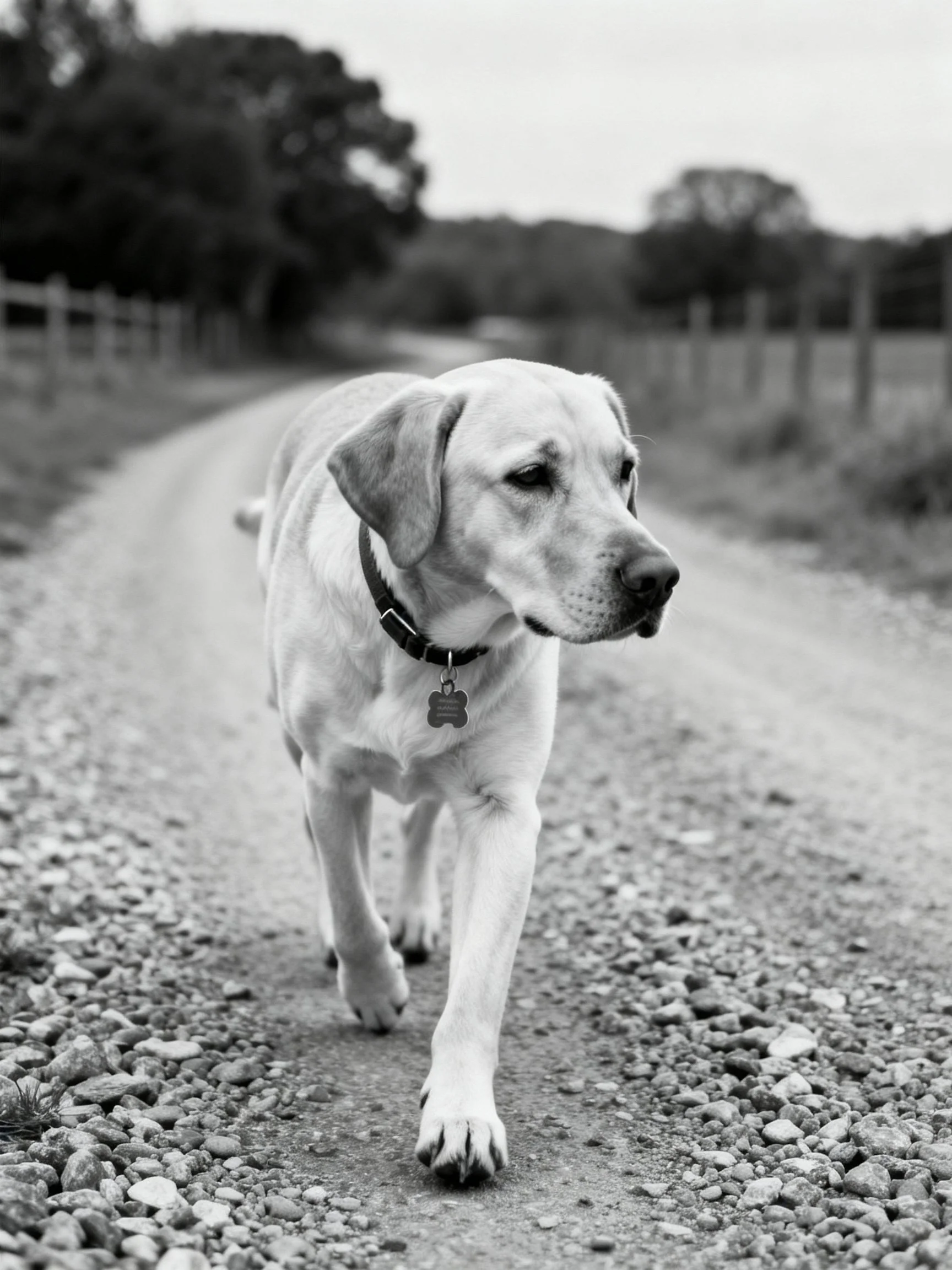 A light - colored dog walks down a gravel path in a country setting.