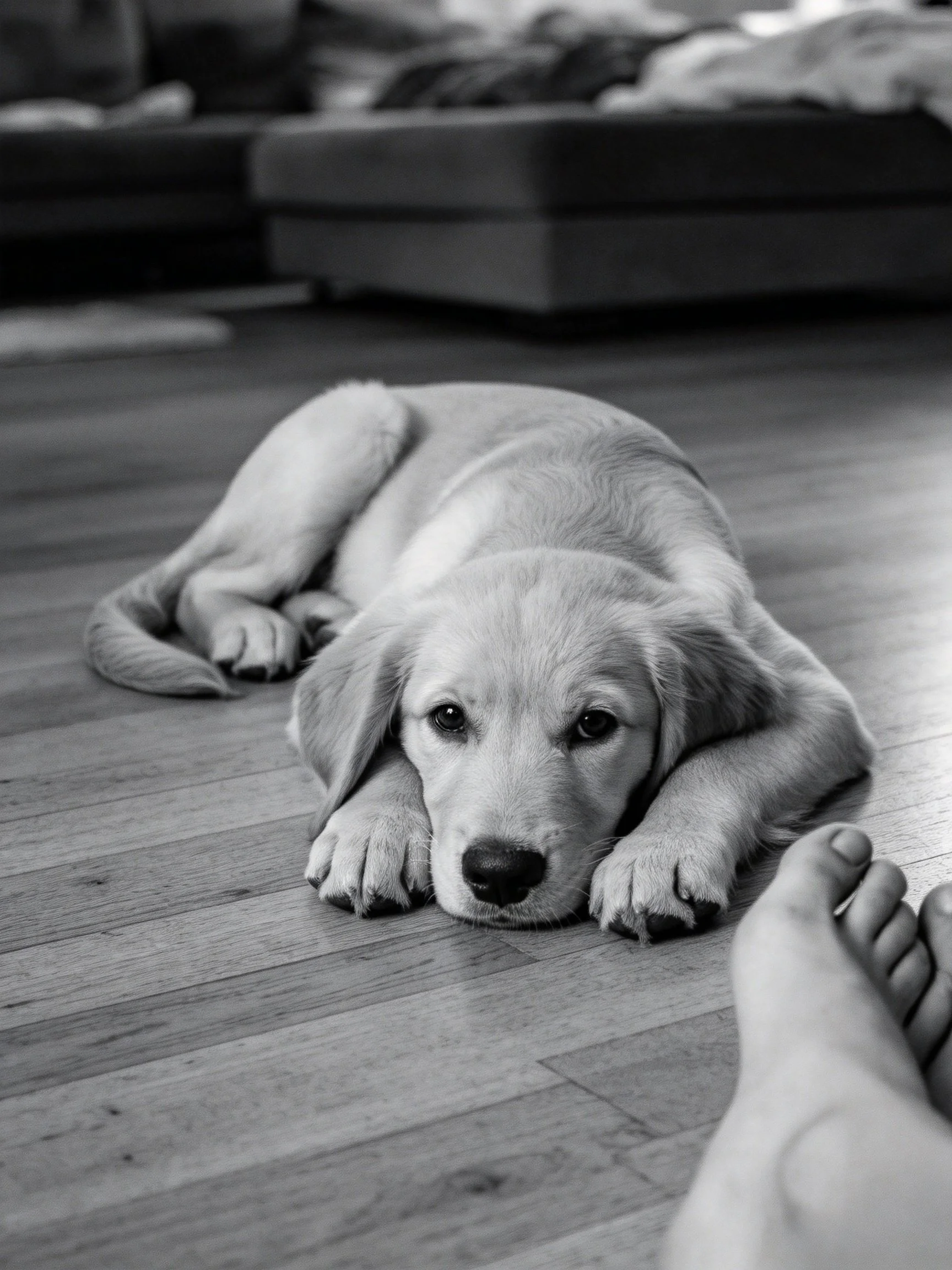 A puppy rests on wood flooring next to a human’s bare foot.