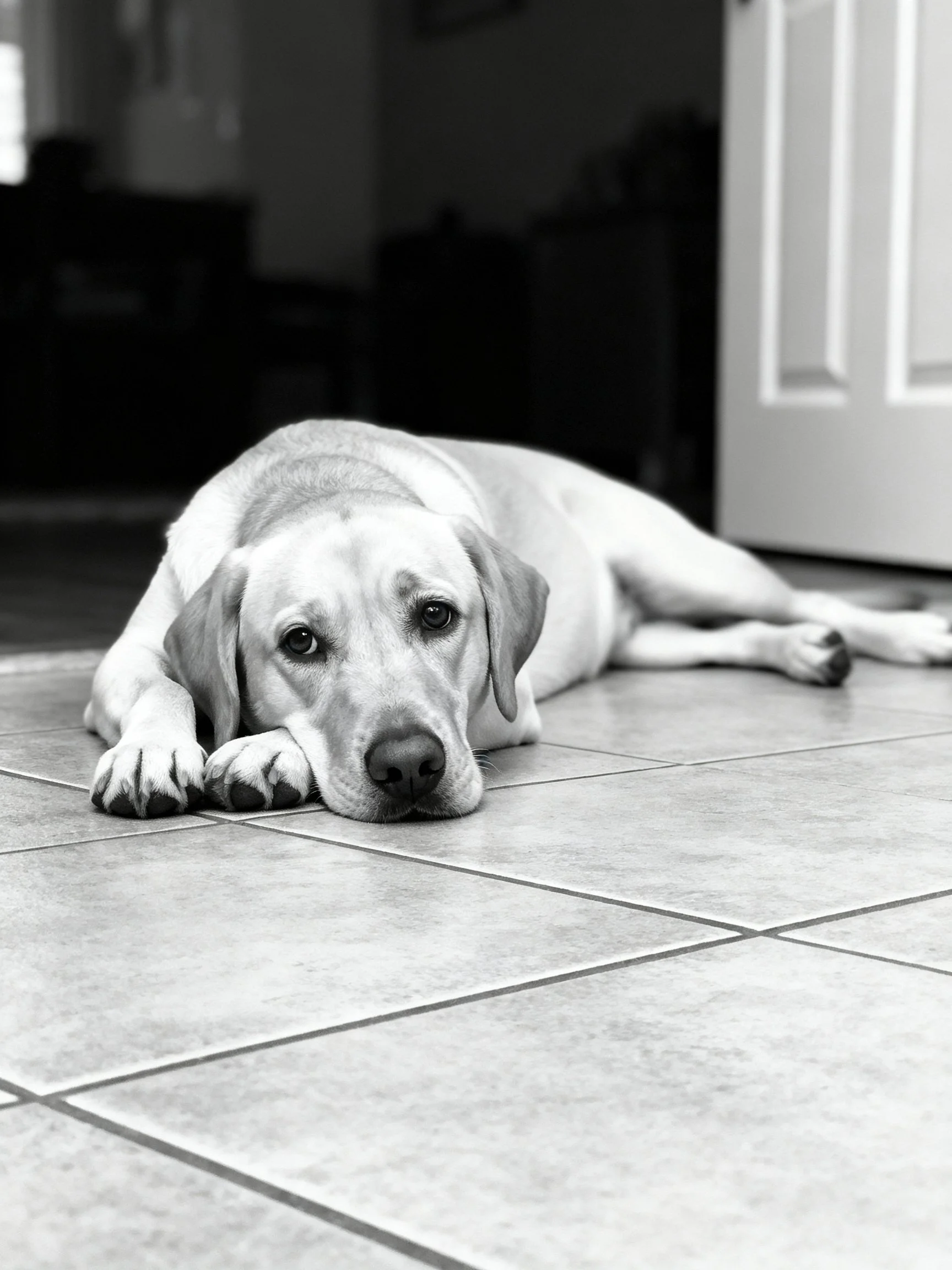 A light - hued dog lies on tiled flooring in a dimly lit room