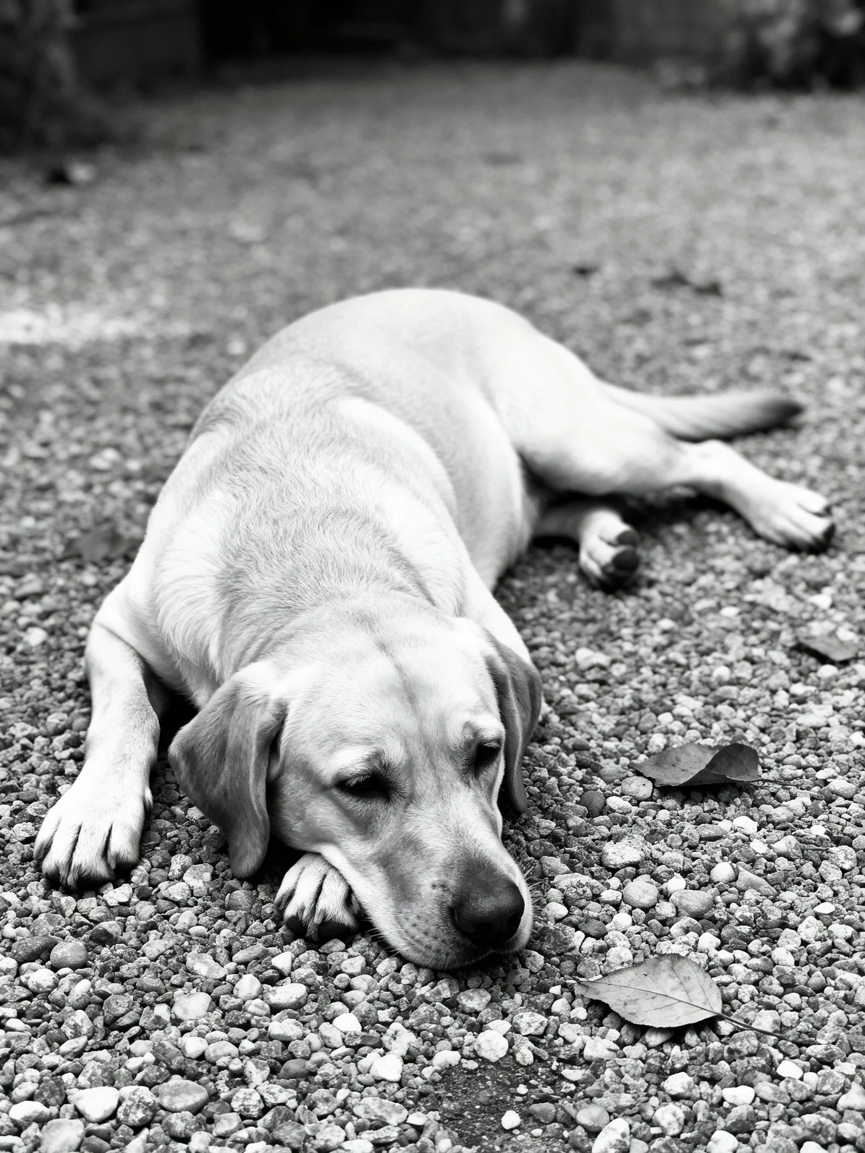 A light - hued dog rests on a pebbly outdoor surface