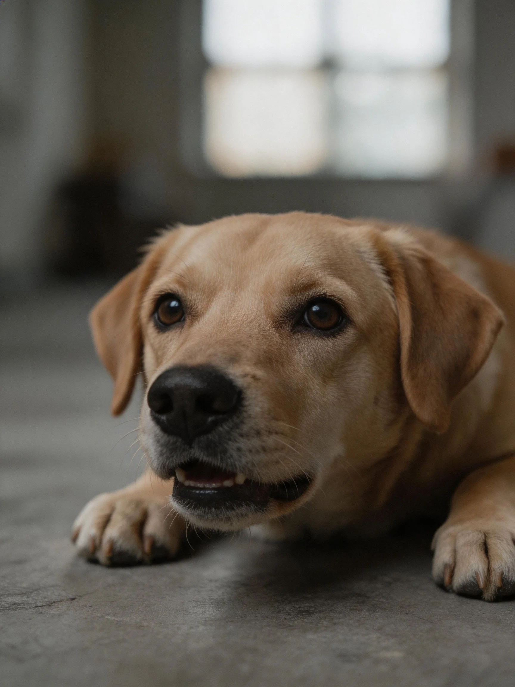 A light tan Labrador rests on a smooth concrete floor near a bright window