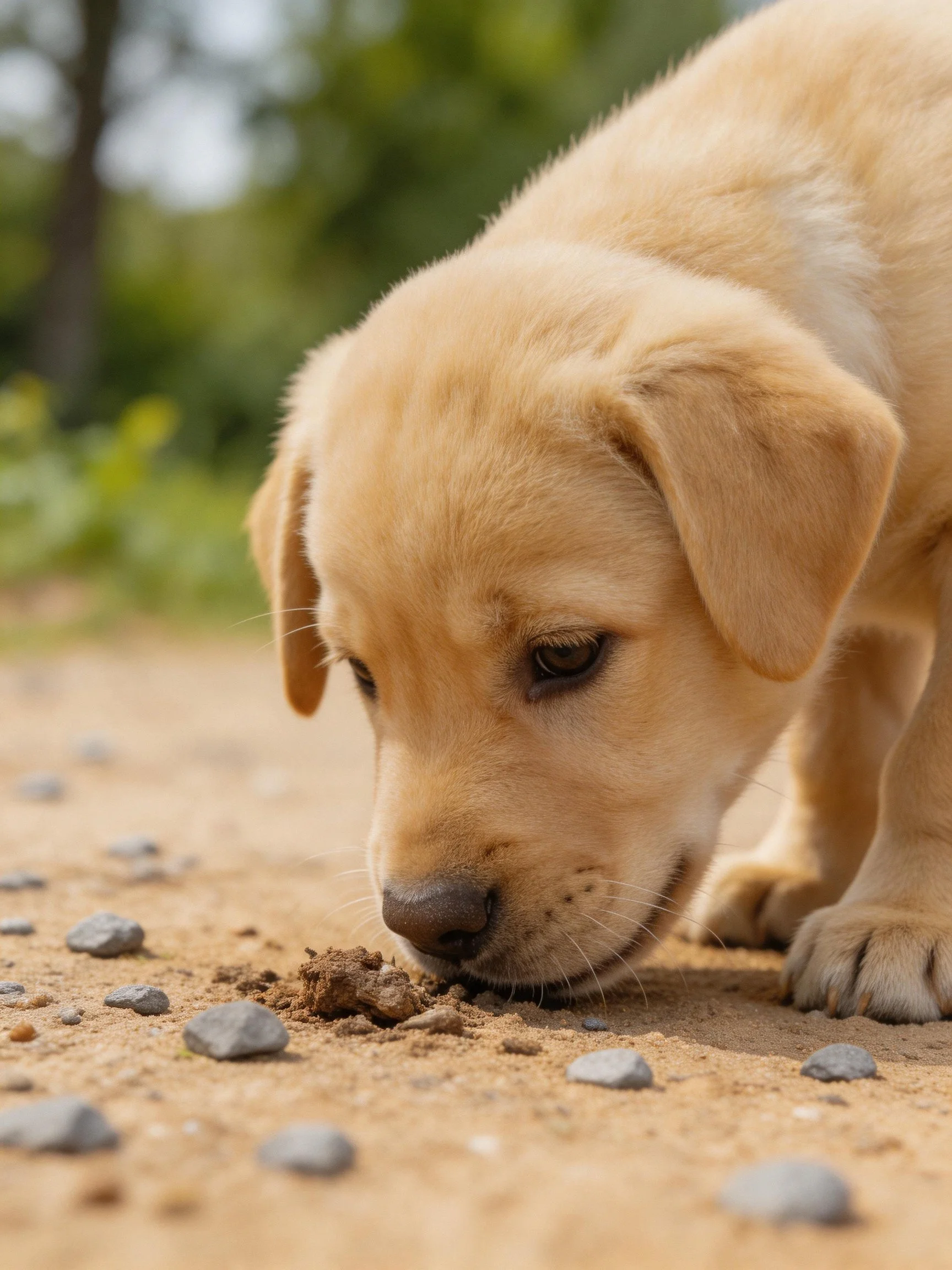 A light - tan puppy sniffs a mound on a gravel - covered outdoor path.