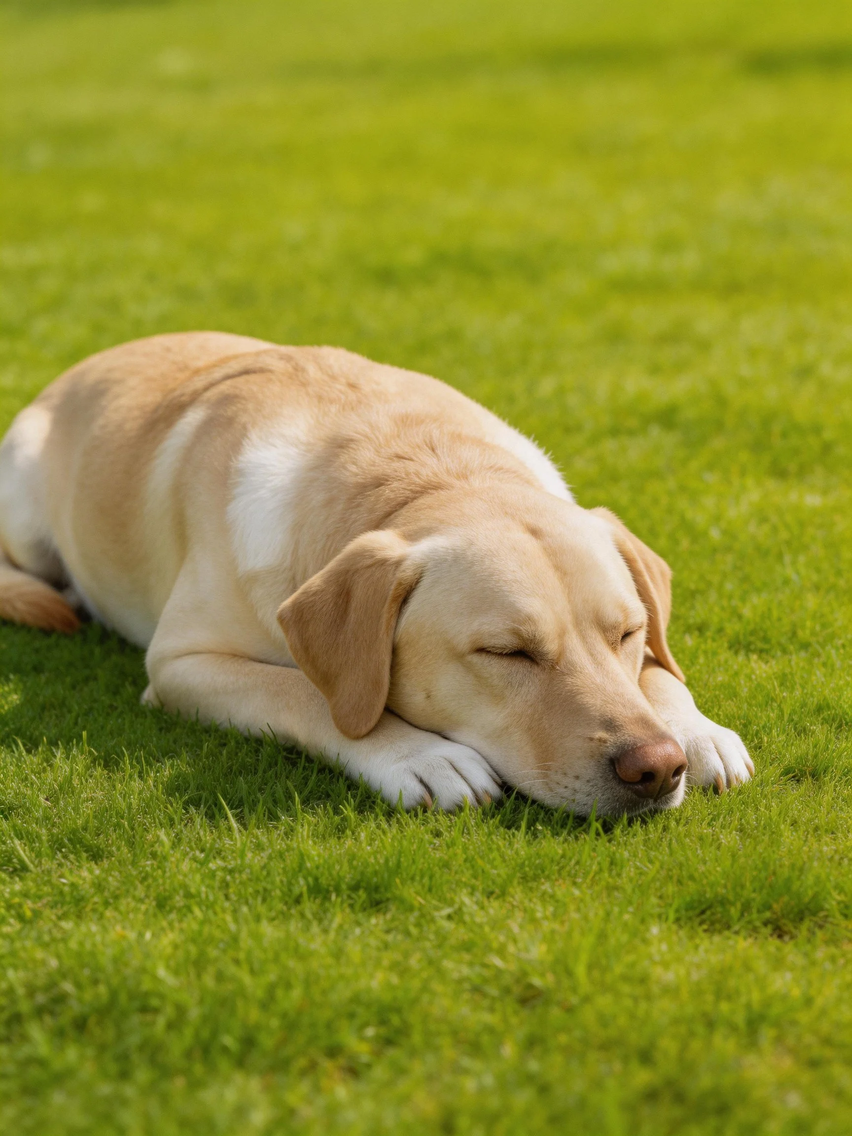 A light tan puppy rests peacefully on a patch of green grass.