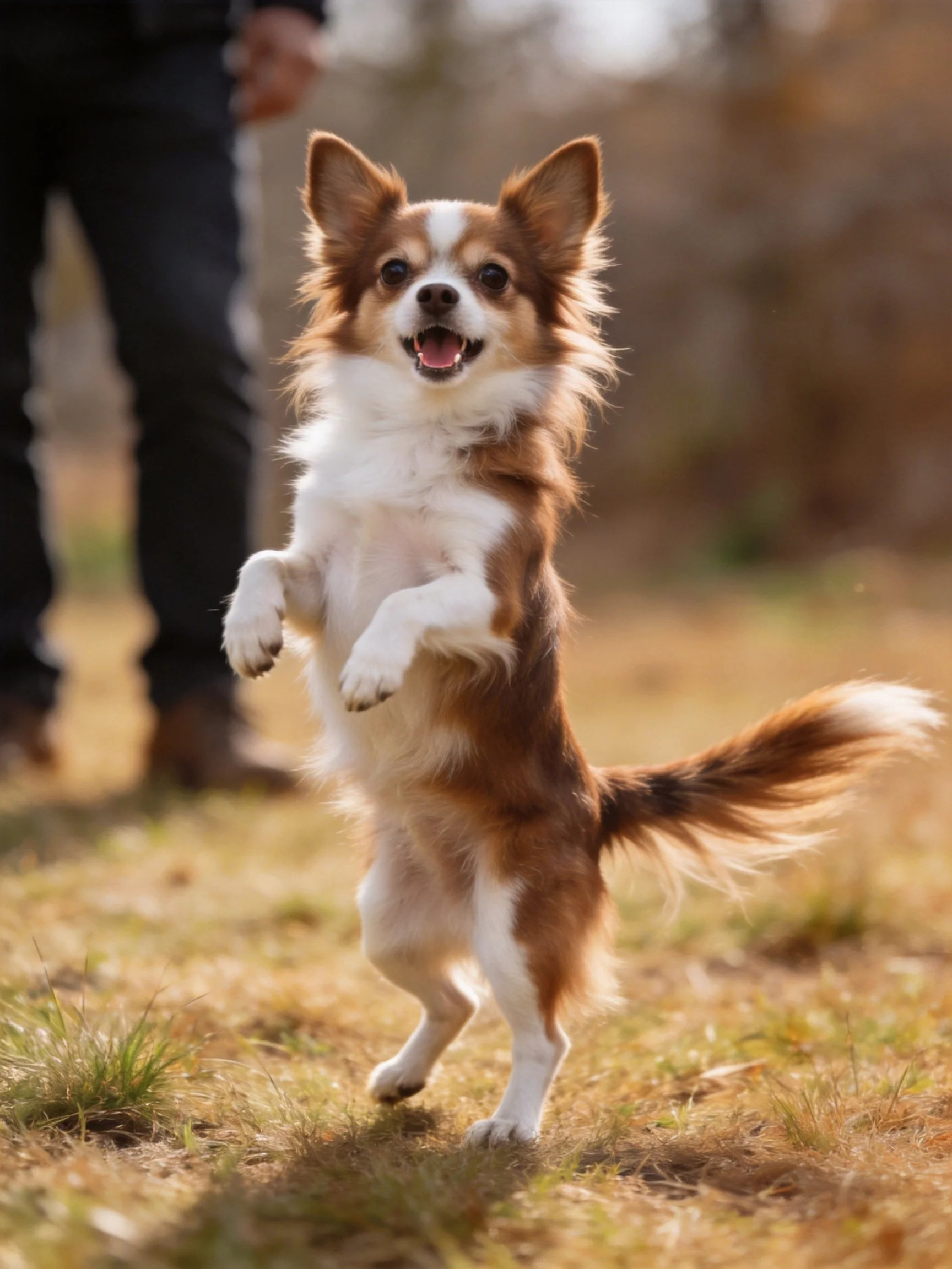 A lively brown and white dog jumps on hind legs in a sunny field
