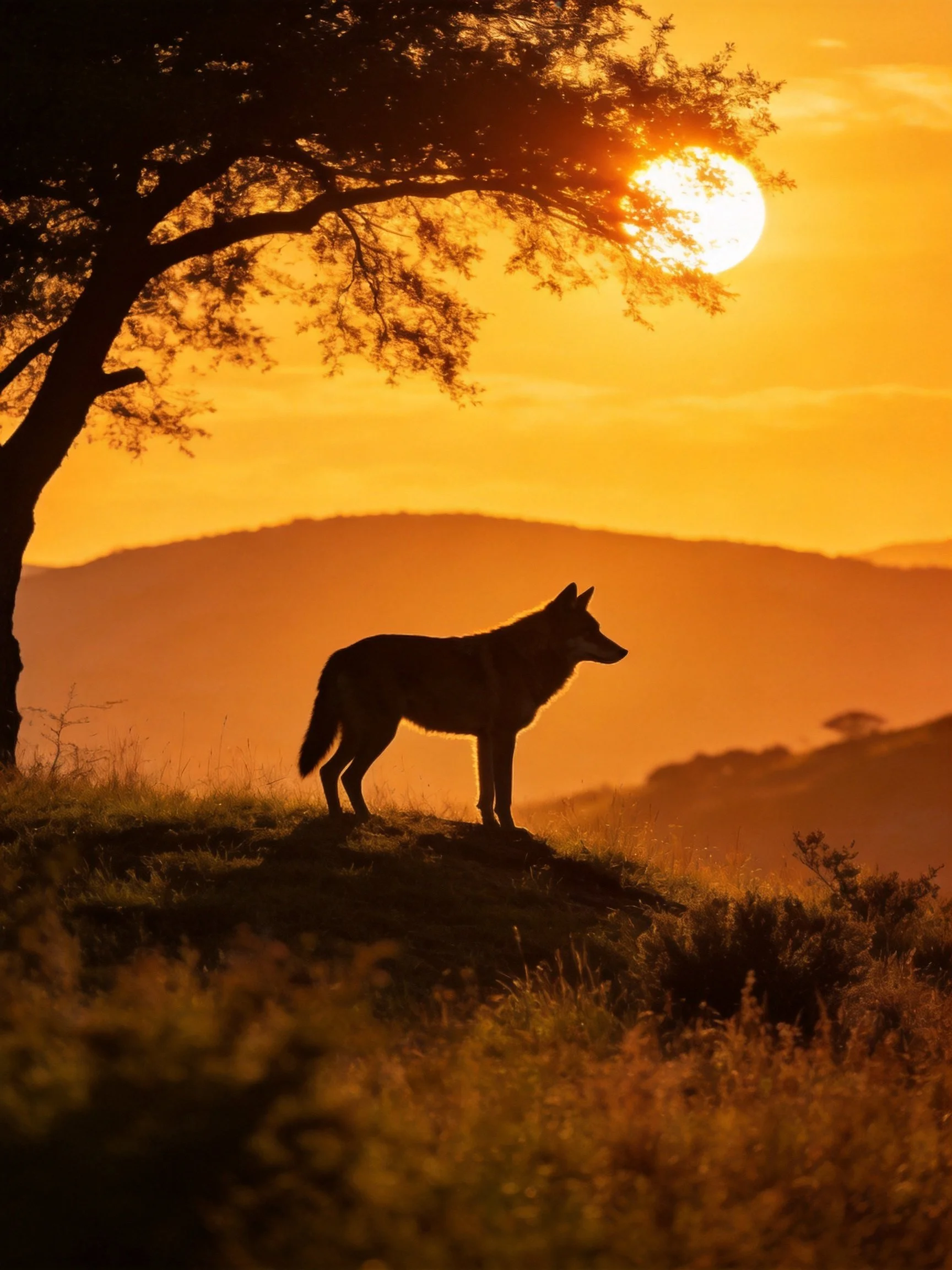 A lone wolf is silhouetted against a golden sunset in a serene natural landscape.