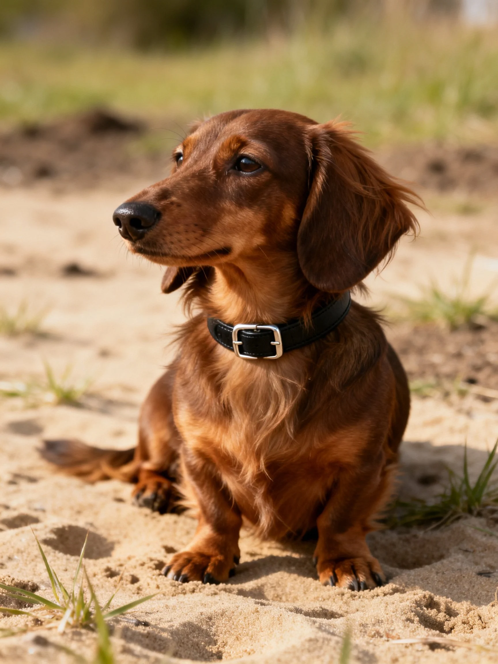 A long-haired brown dachshund sits on sandy outdoor ground