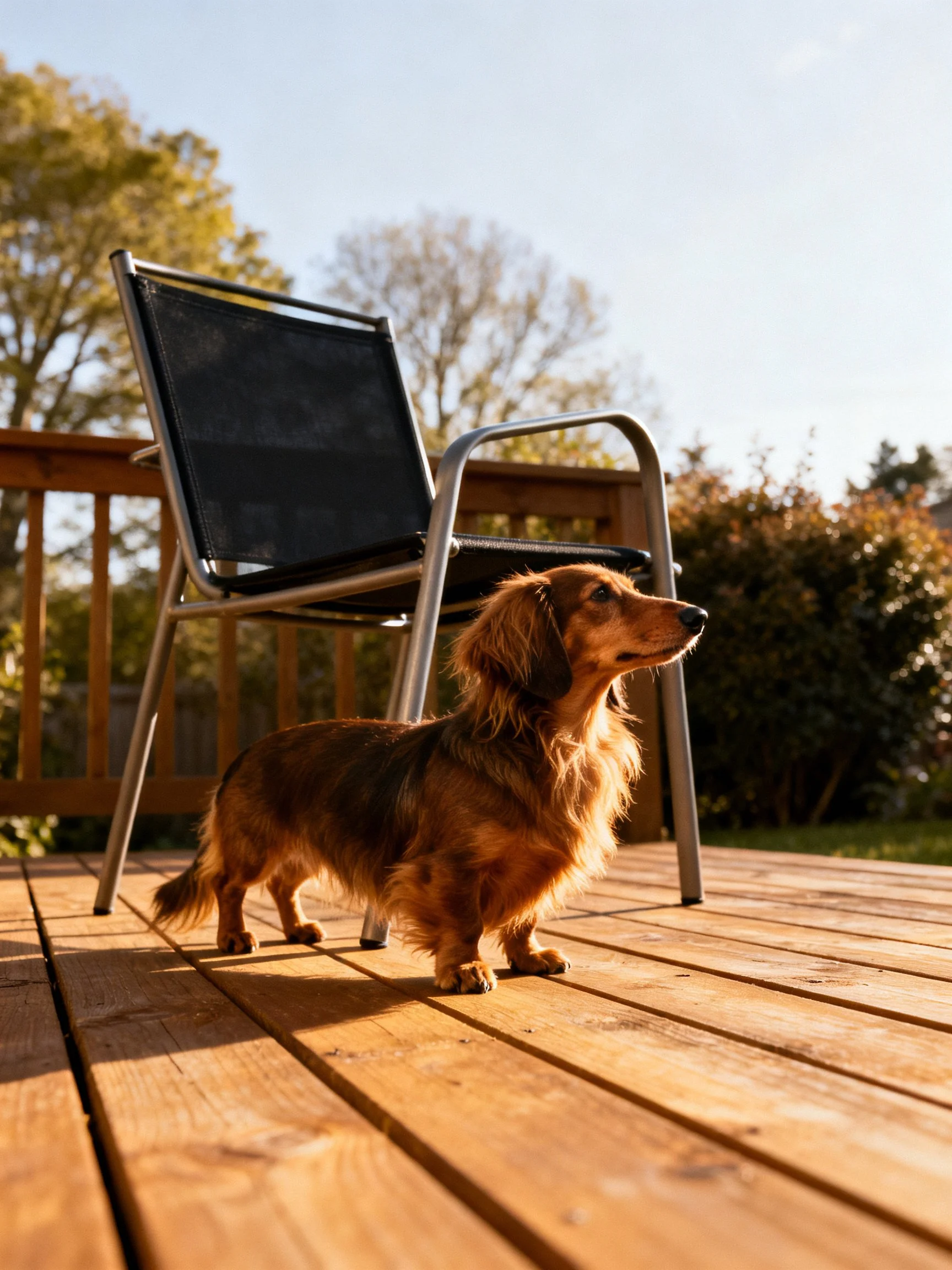 A long - haired brown dog stands near a black patio chair on an outdoor wooden deck.
