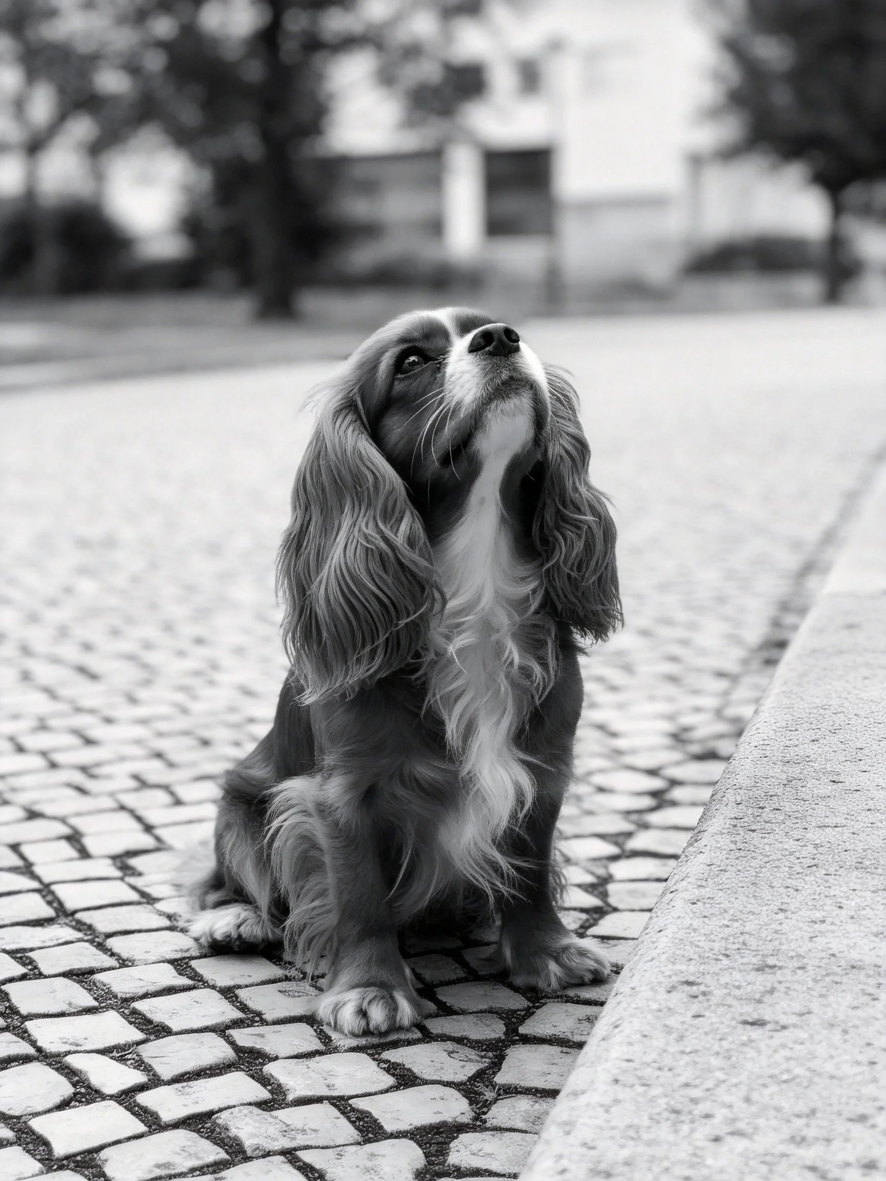 A long-haired dog sits on cobblestones, gazing upward
