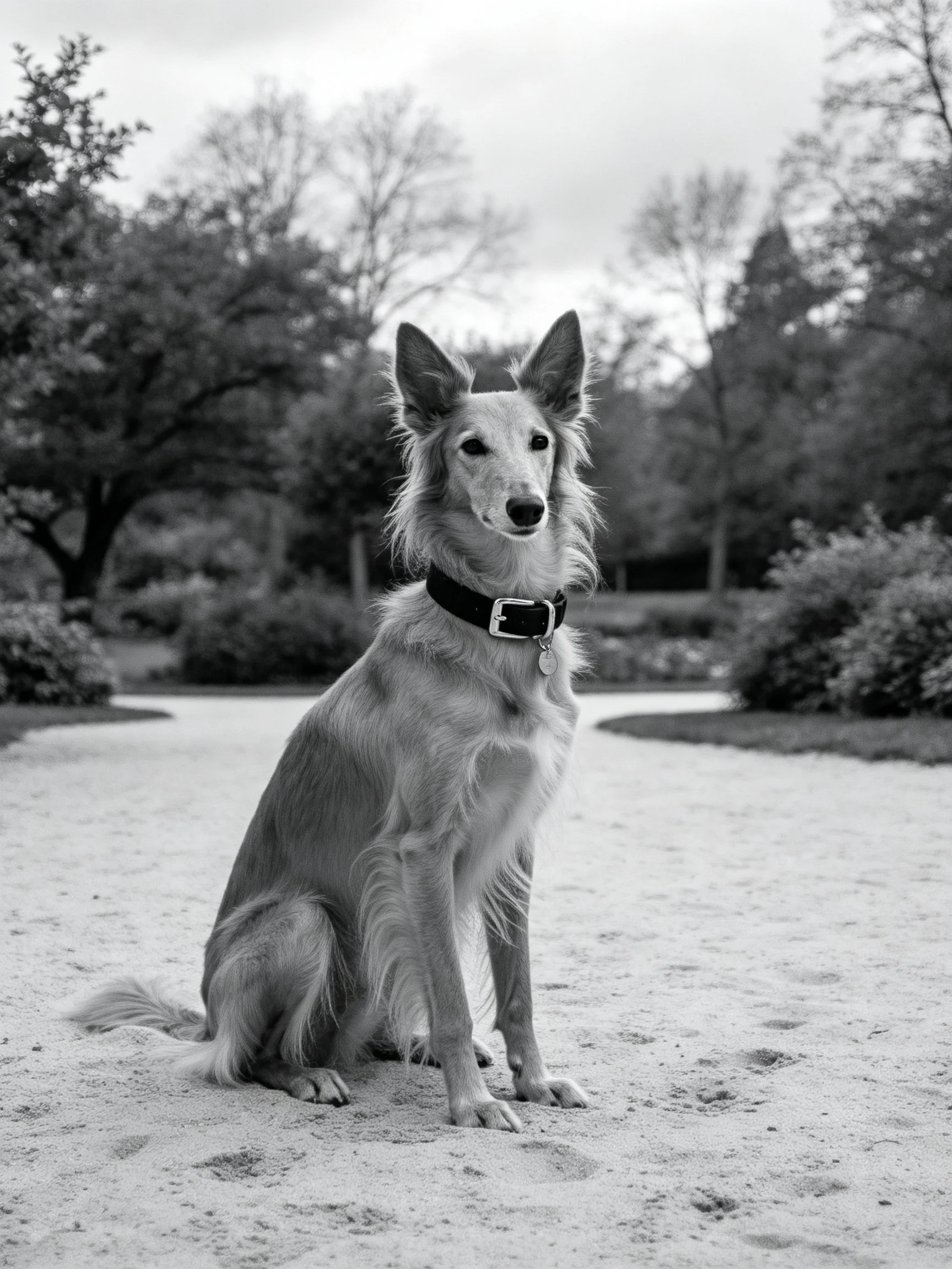 A long-haired dog sits on sandy ground in a serene park