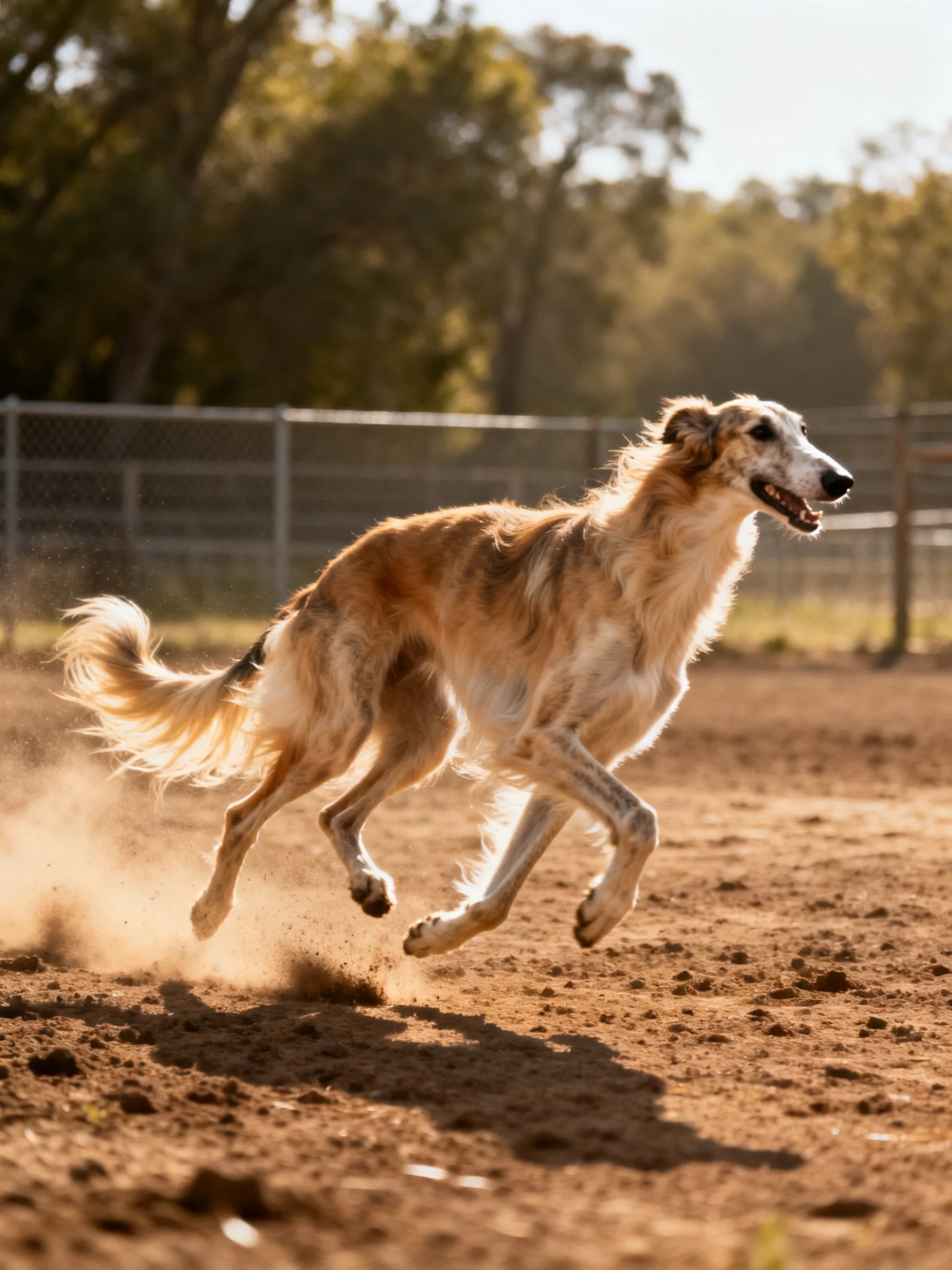 A long-haired dog sprints across a dusty outdoor arena