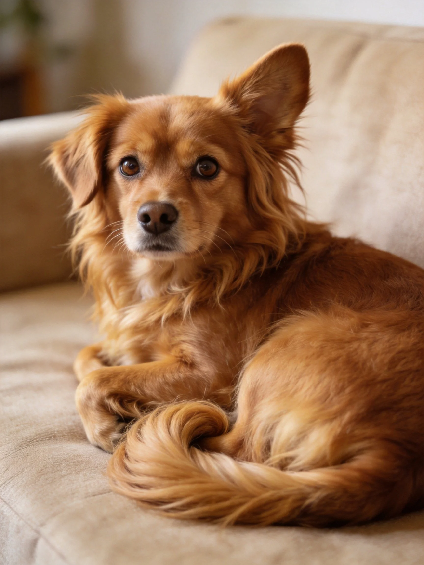 A long-haired golden dog relaxes on a beige couch