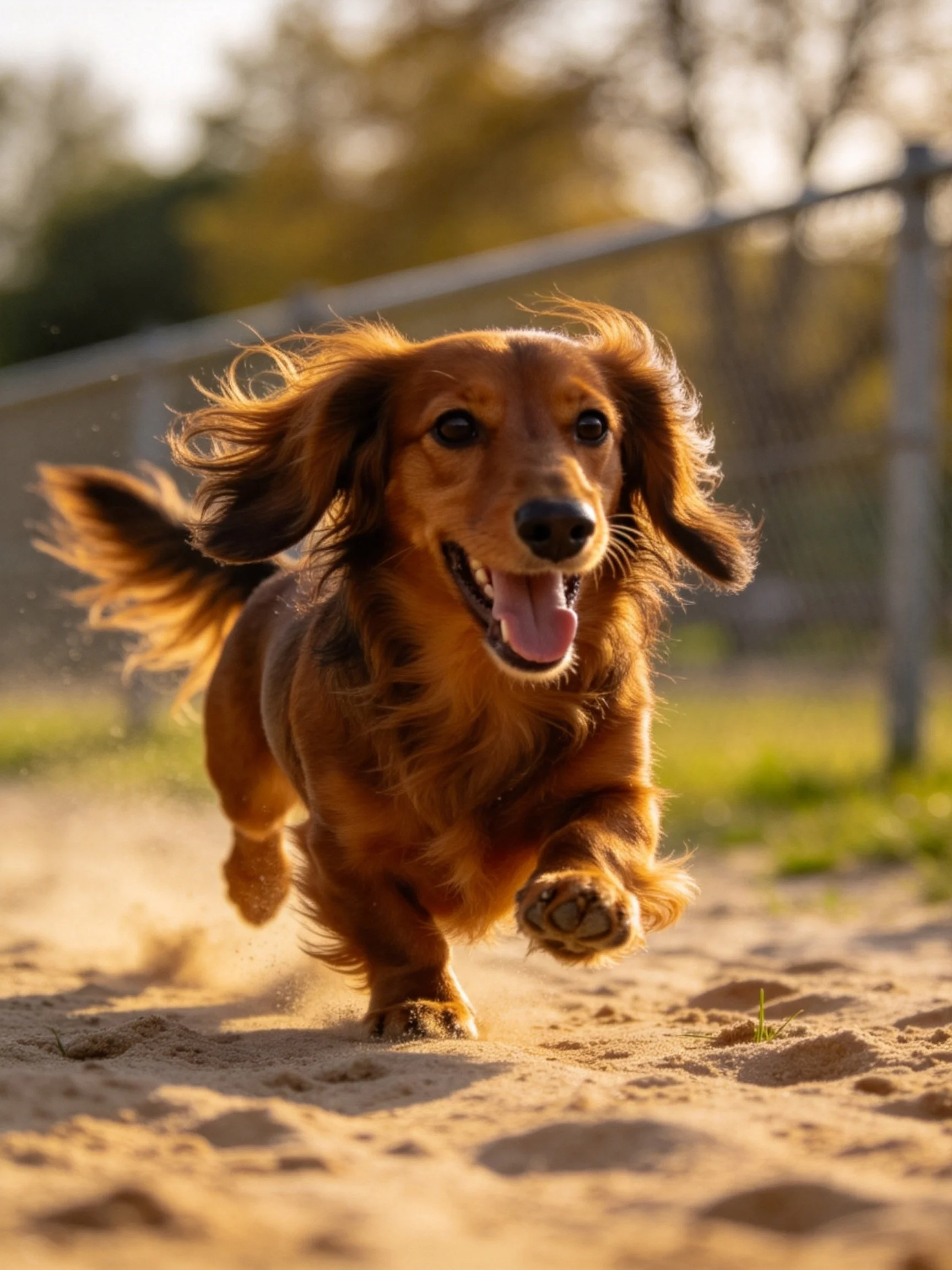 A joyful long-haired reddish-brown dog runs energetically on sandy ground