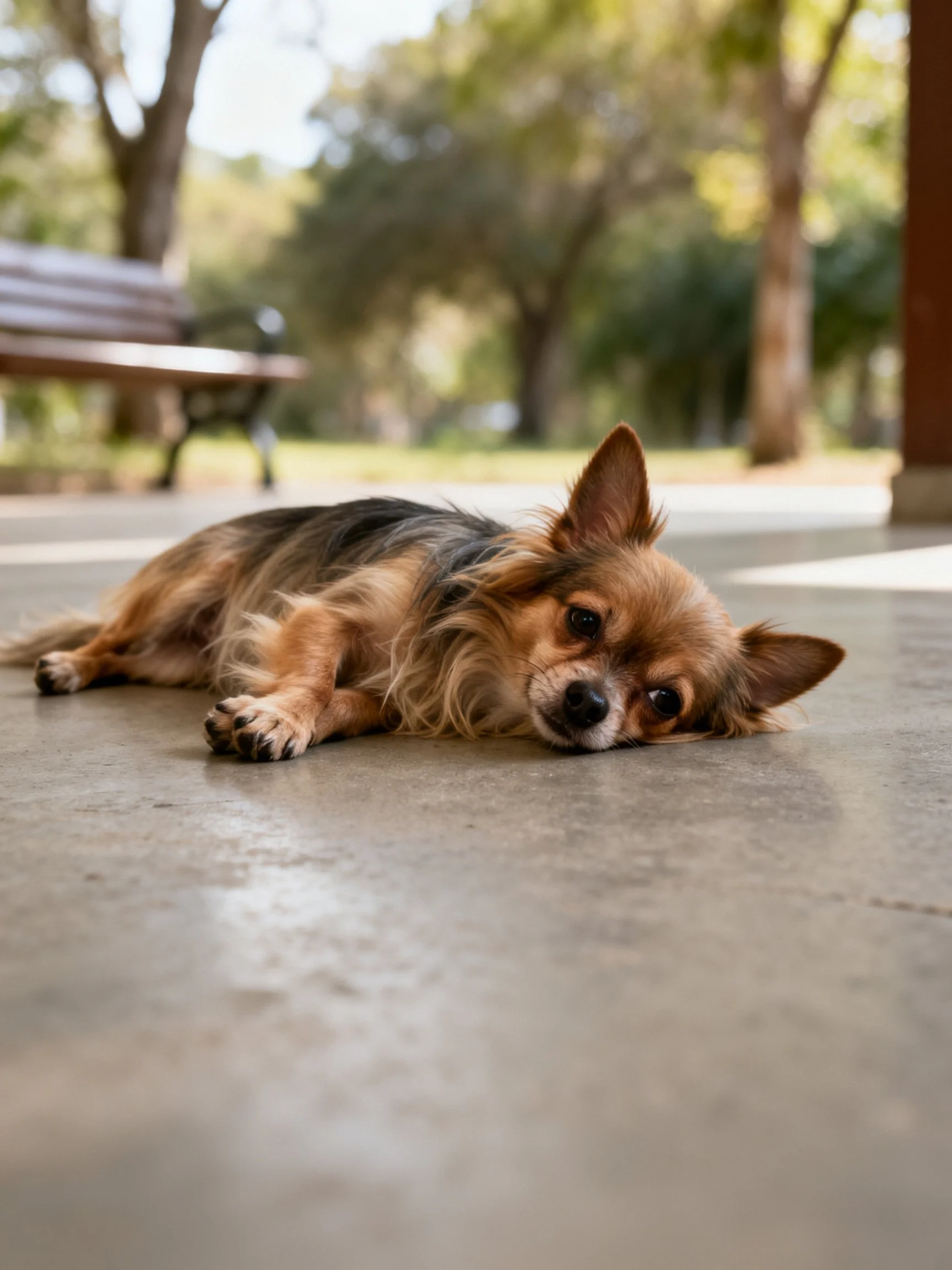 A small dog relaxes on a concrete surface with a park backdrop.