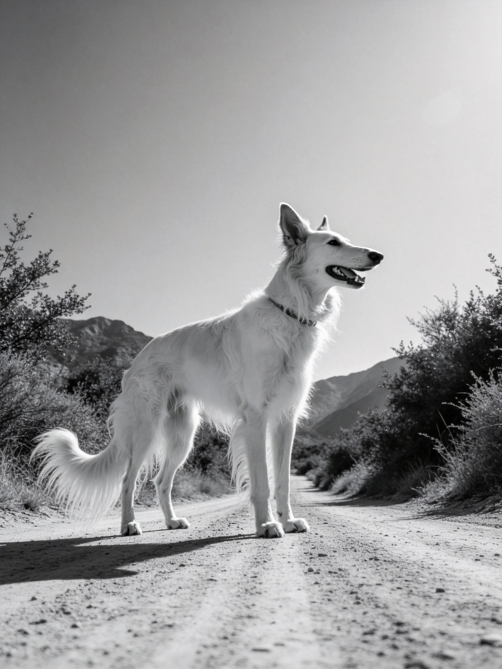 A long - haired white dog stands on a dirt road near bushes and mountains
