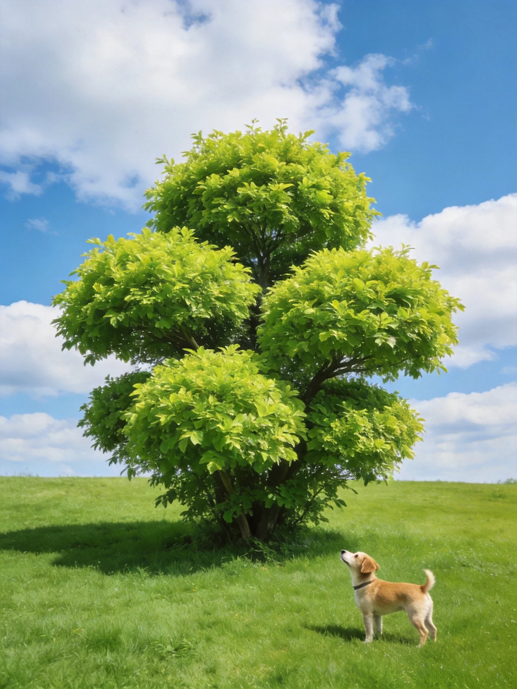 A large green tree is positioned next to a curious brown dog on a sunny grassy field.