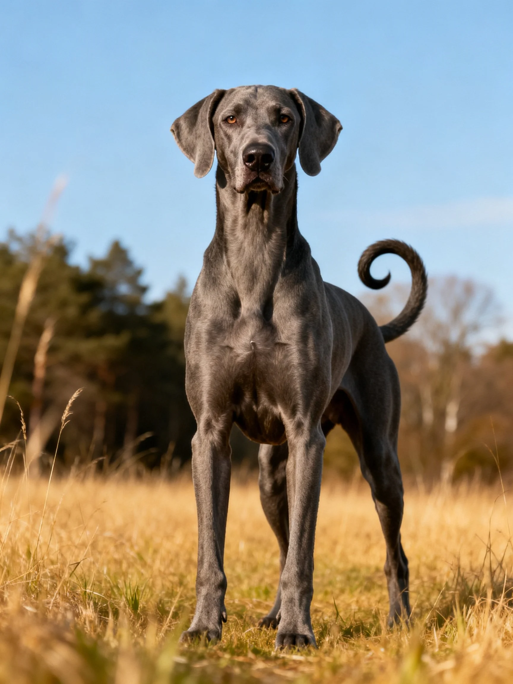 A majestic gray Great Dane stands alert in a sunlit grassy field.