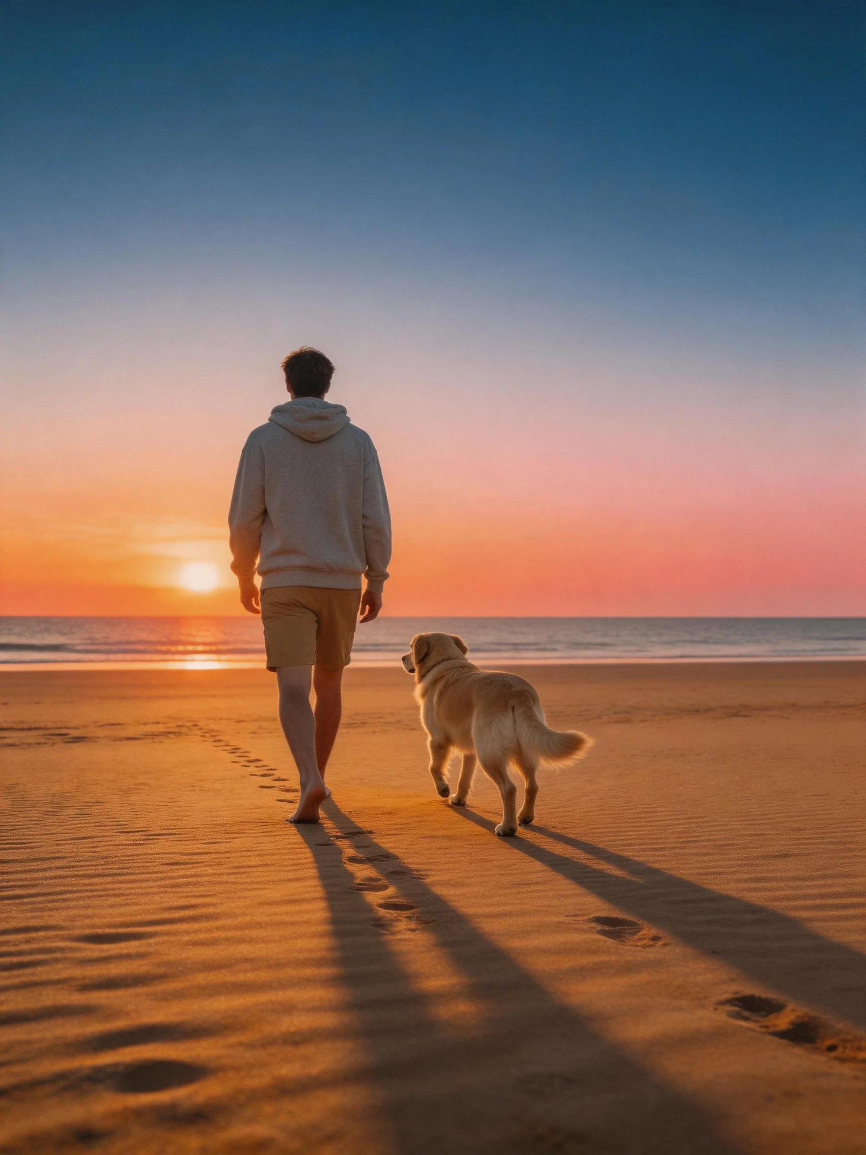 A man walks his golden retriever on a sandy beach during sunset.