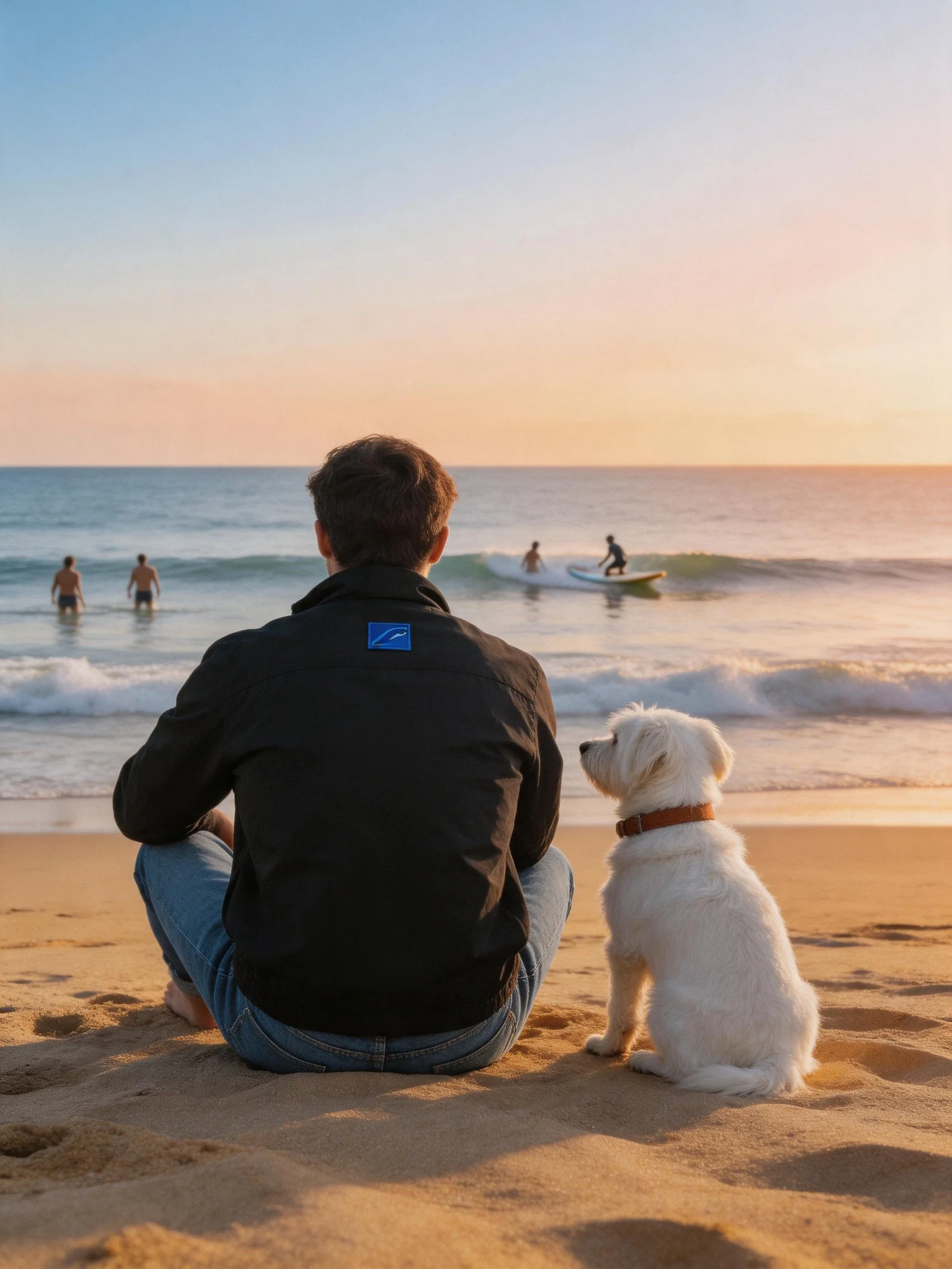 A man and his white dog watch surfers on the beach at sunset.