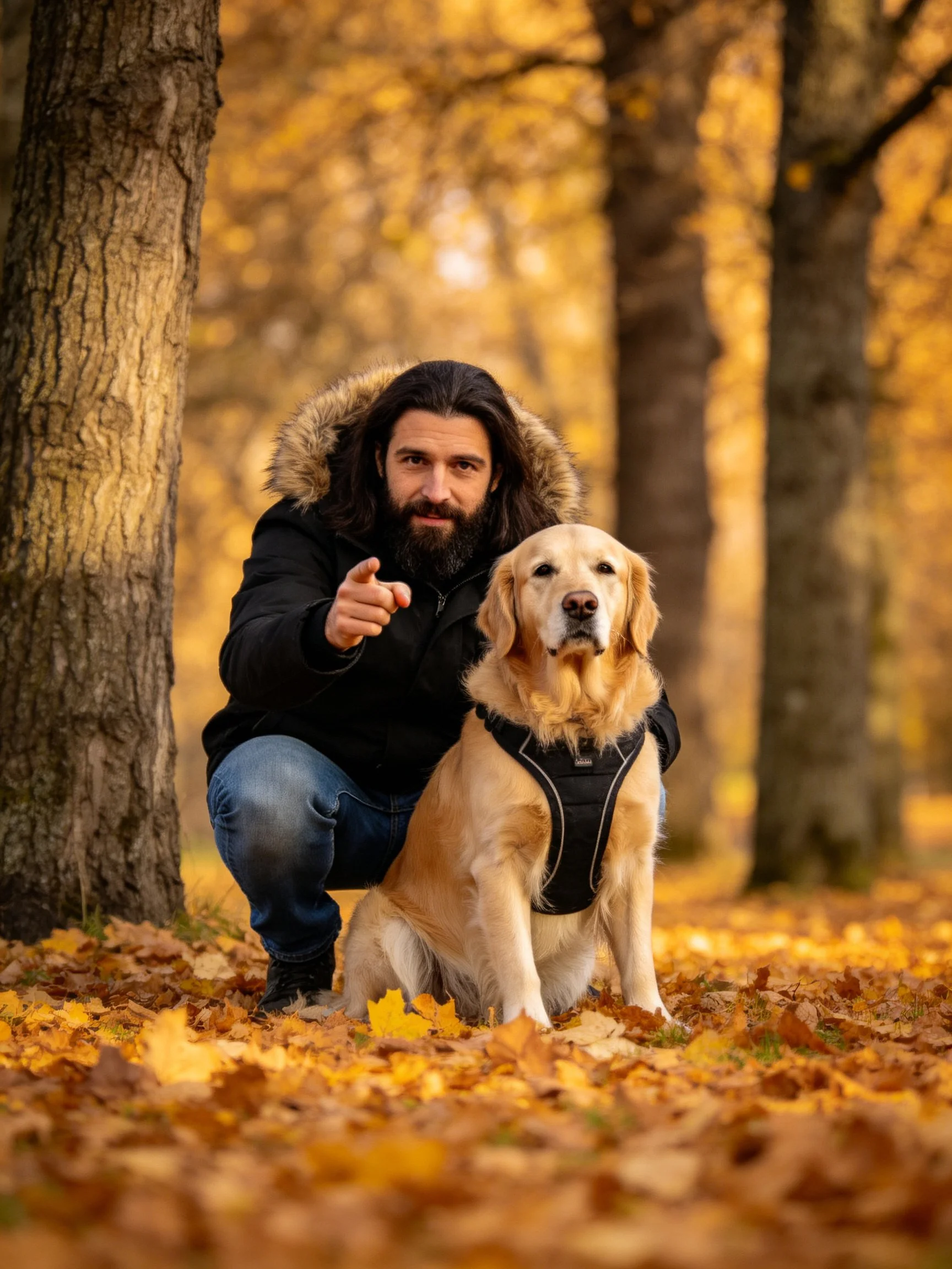 A man kneels beside his golden retriever amid fallen autumn leaves in a wooded area.