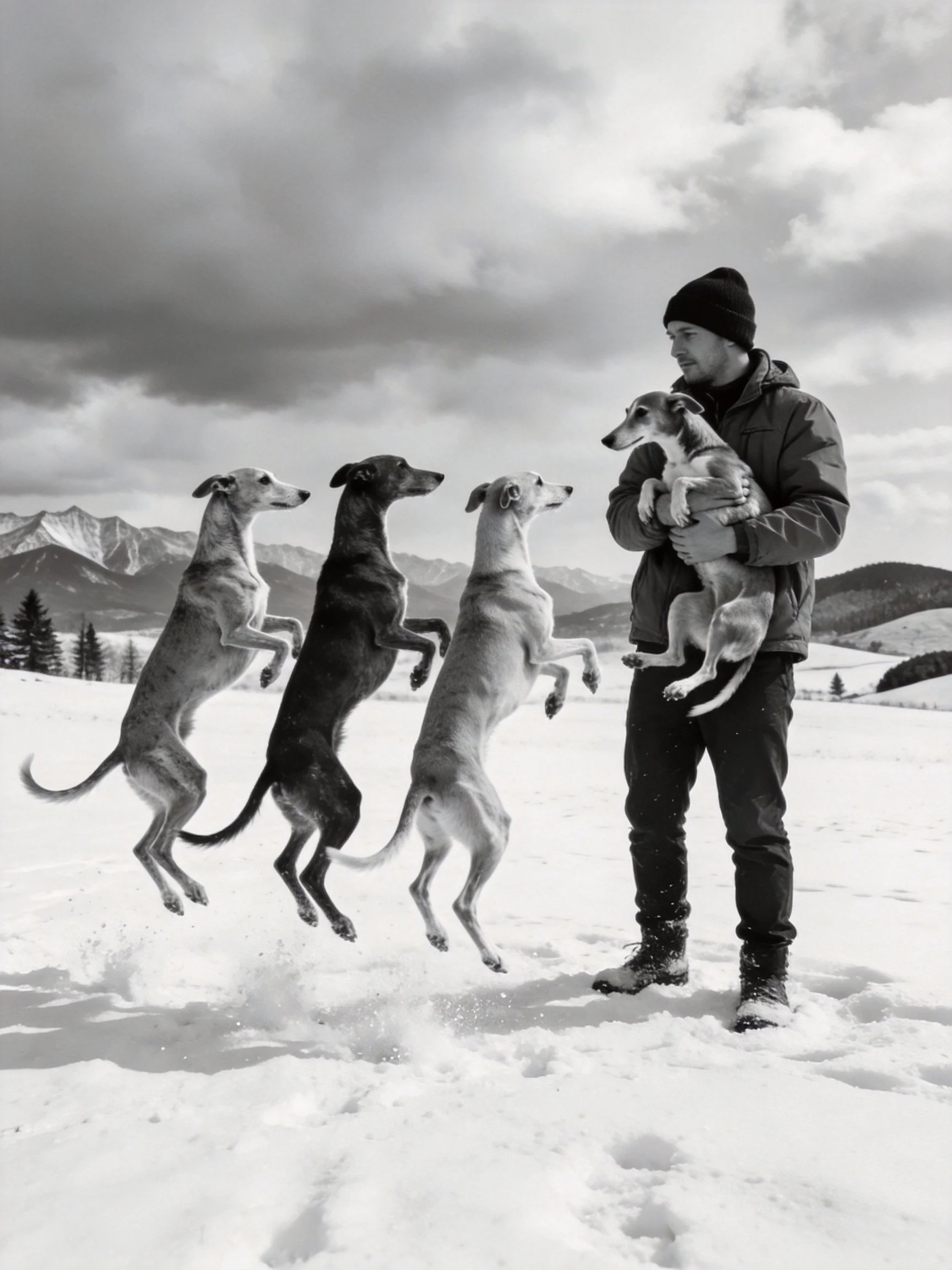 A man holds a dog as four dogs leap toward him in a snowy mountain setting.