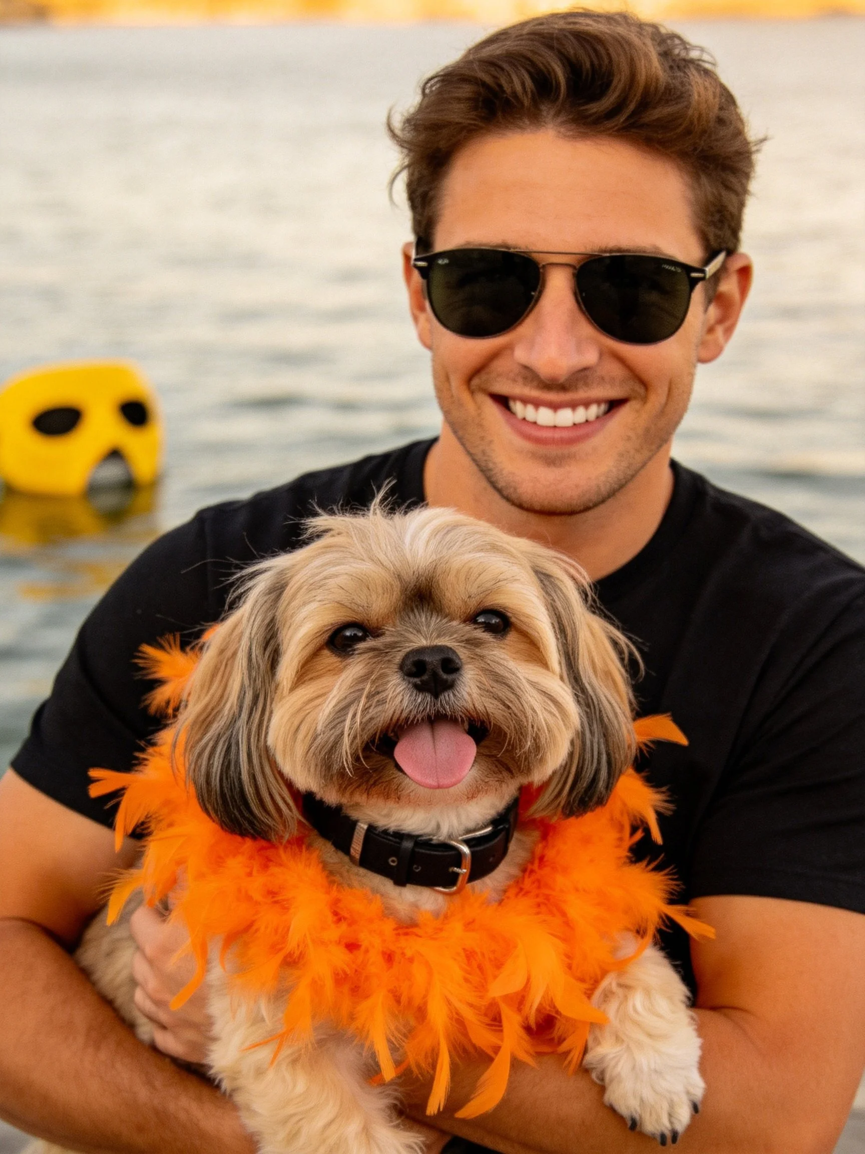 A man holds a small dog with an orange feather boa by water.