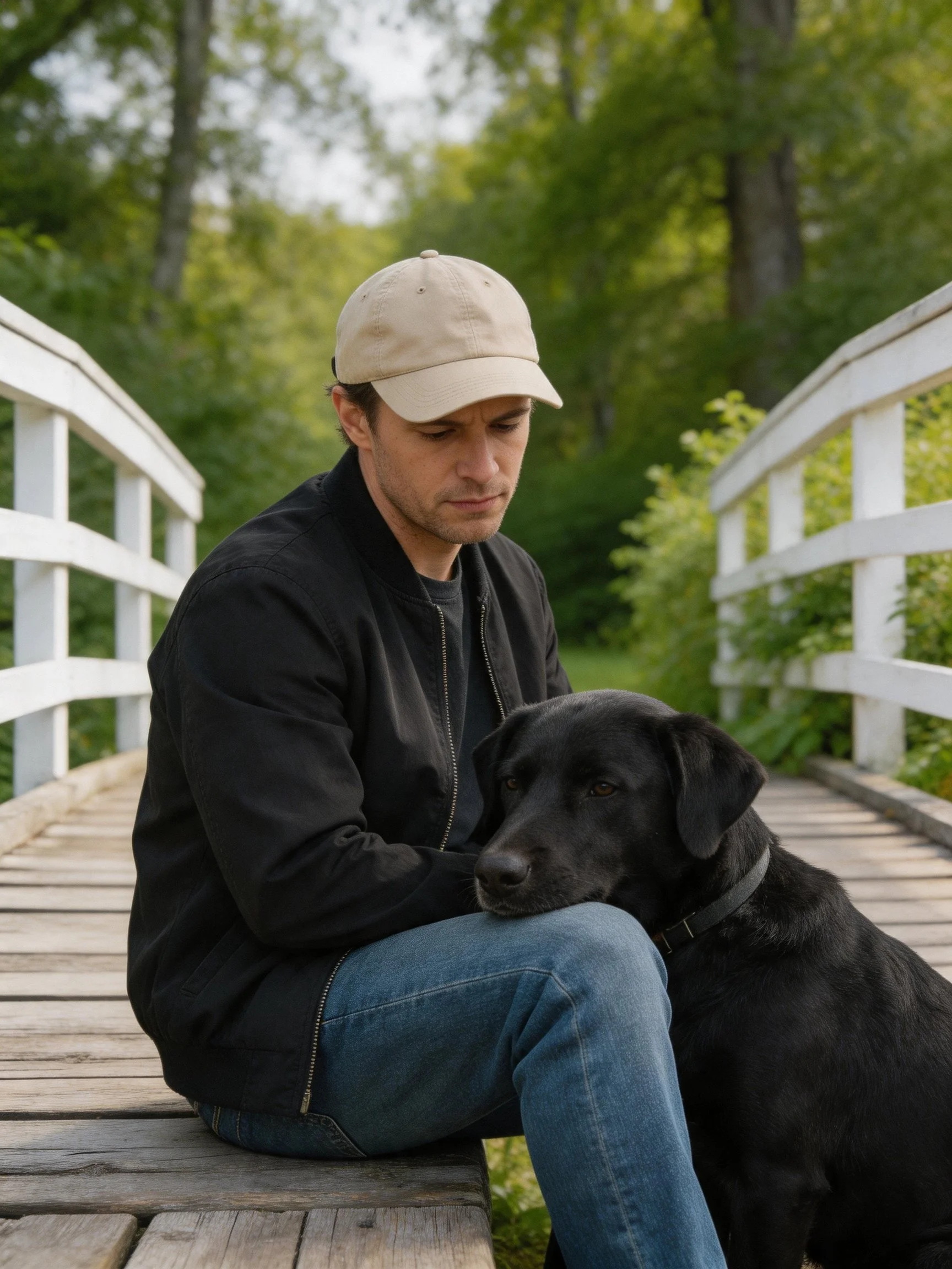 A man sits with his black dog on a wooden bridge amid lush greenery.