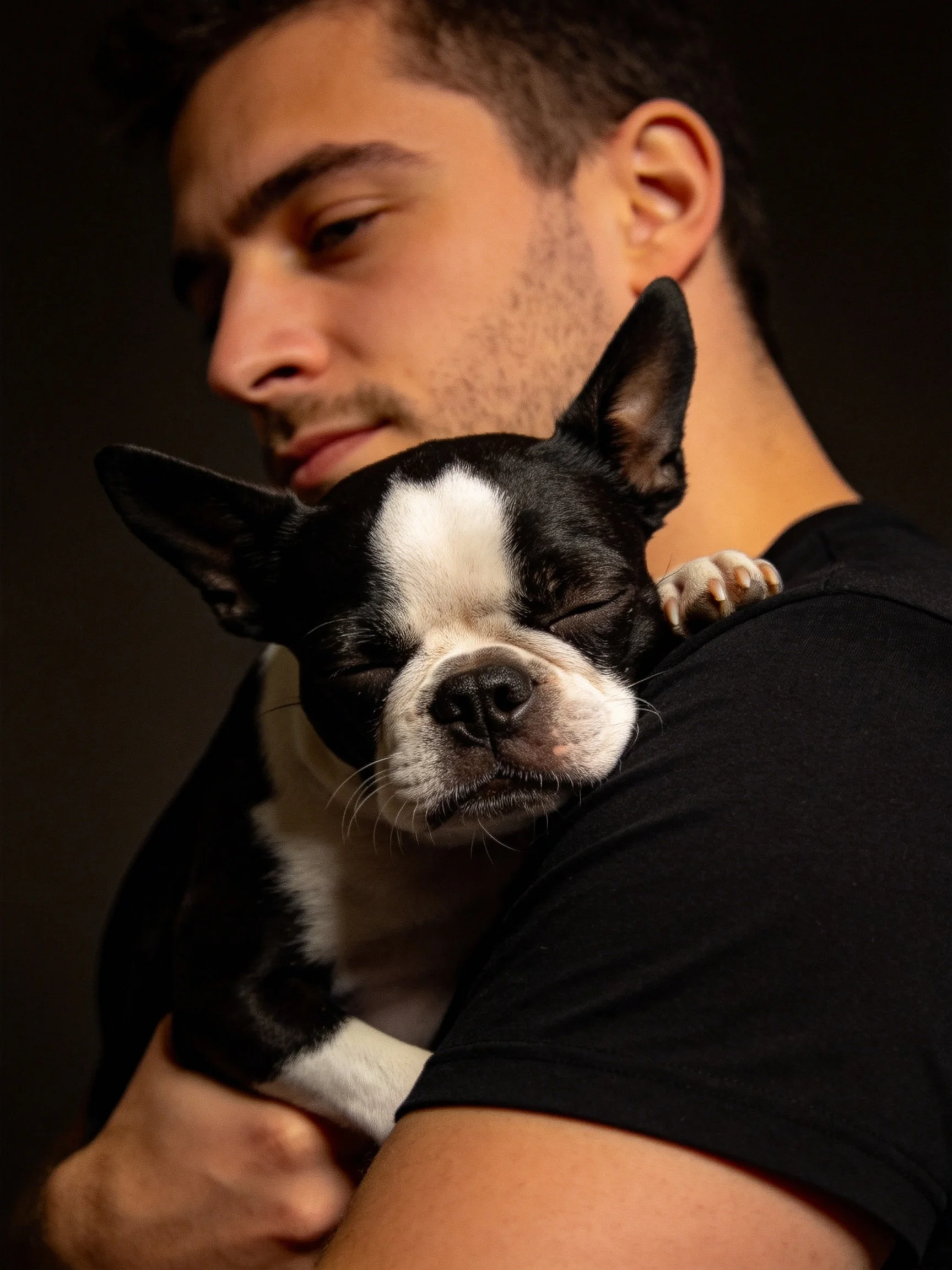 A man gently cradles a peaceful black-and-white Boston Terrier resting against his shoulder.