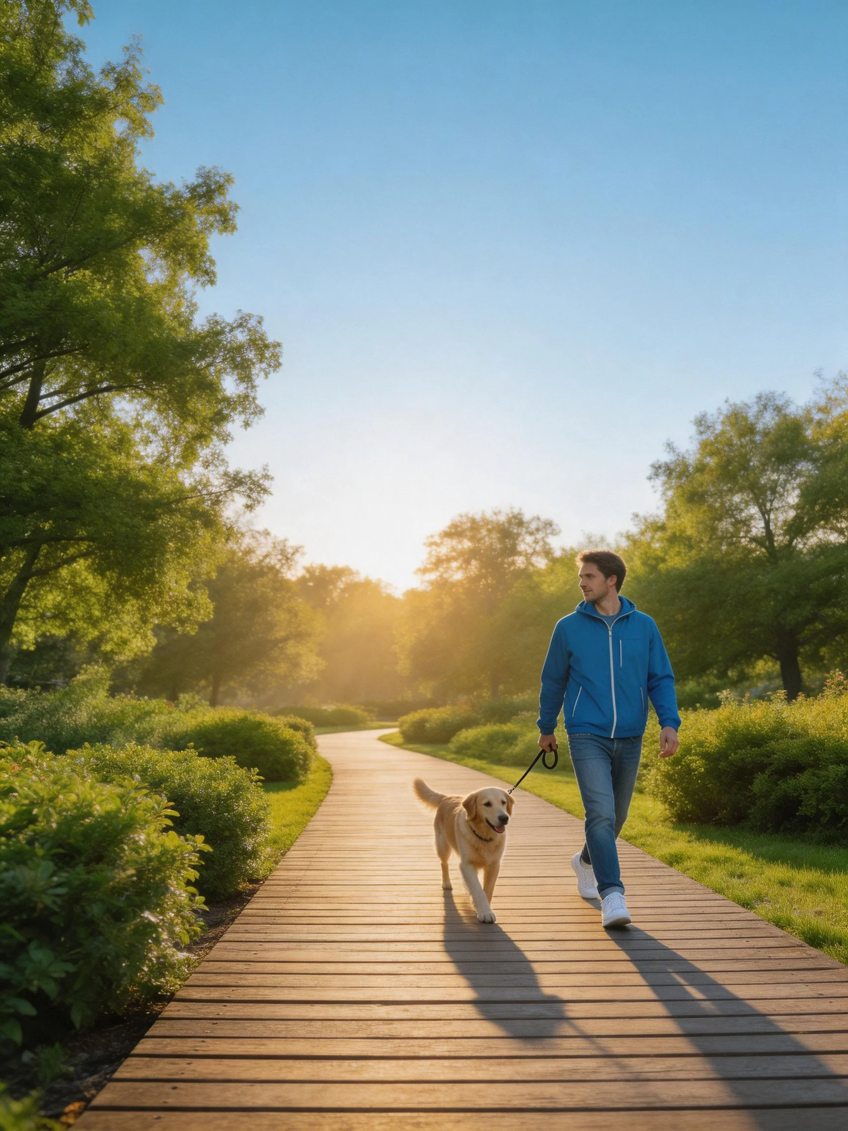 A man in a blue hoodie walks a golden retriever on a sunlit wooden path