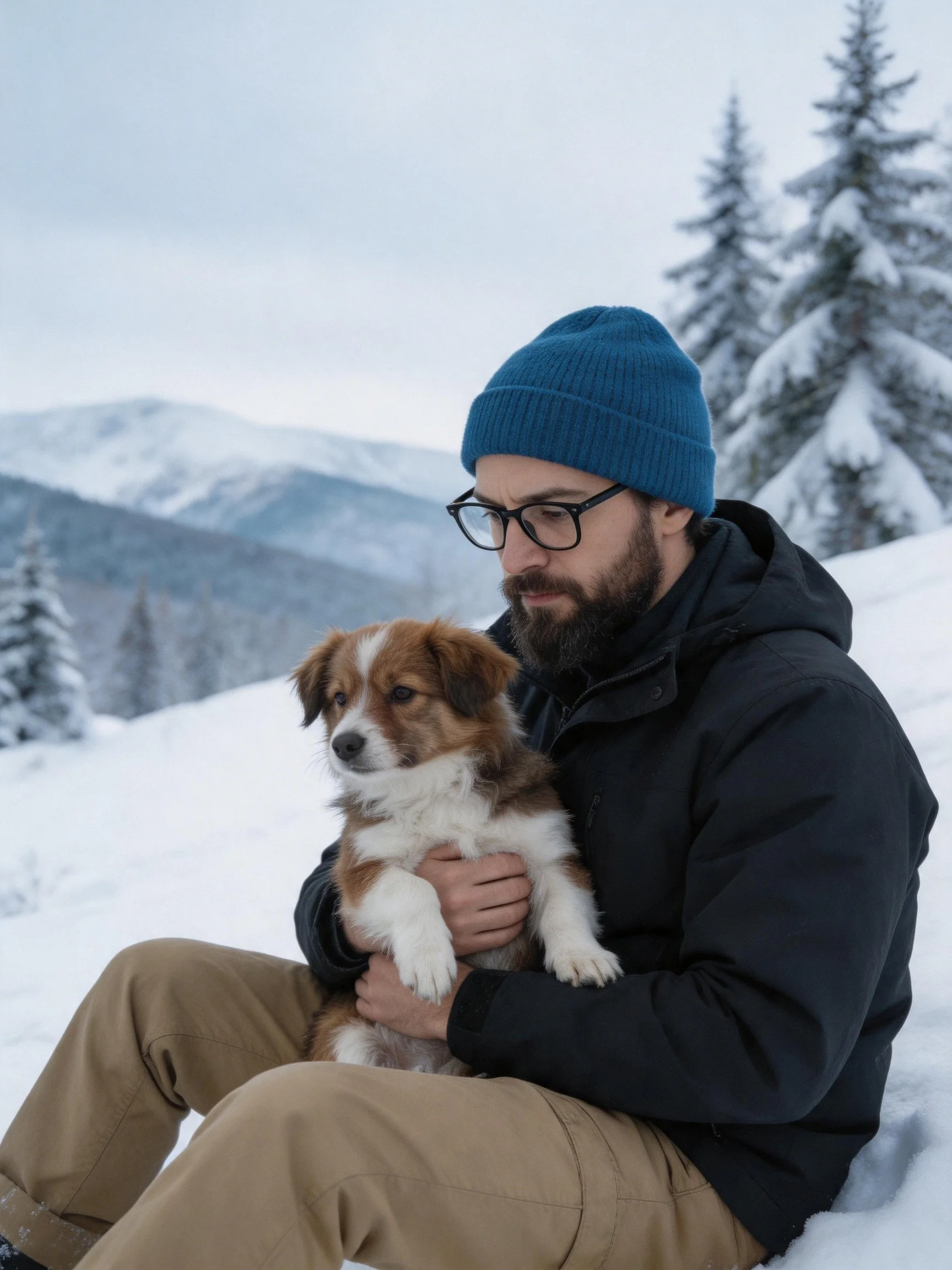 A man sits in the snow holding a small brown-and-white dog amid winter scenery.