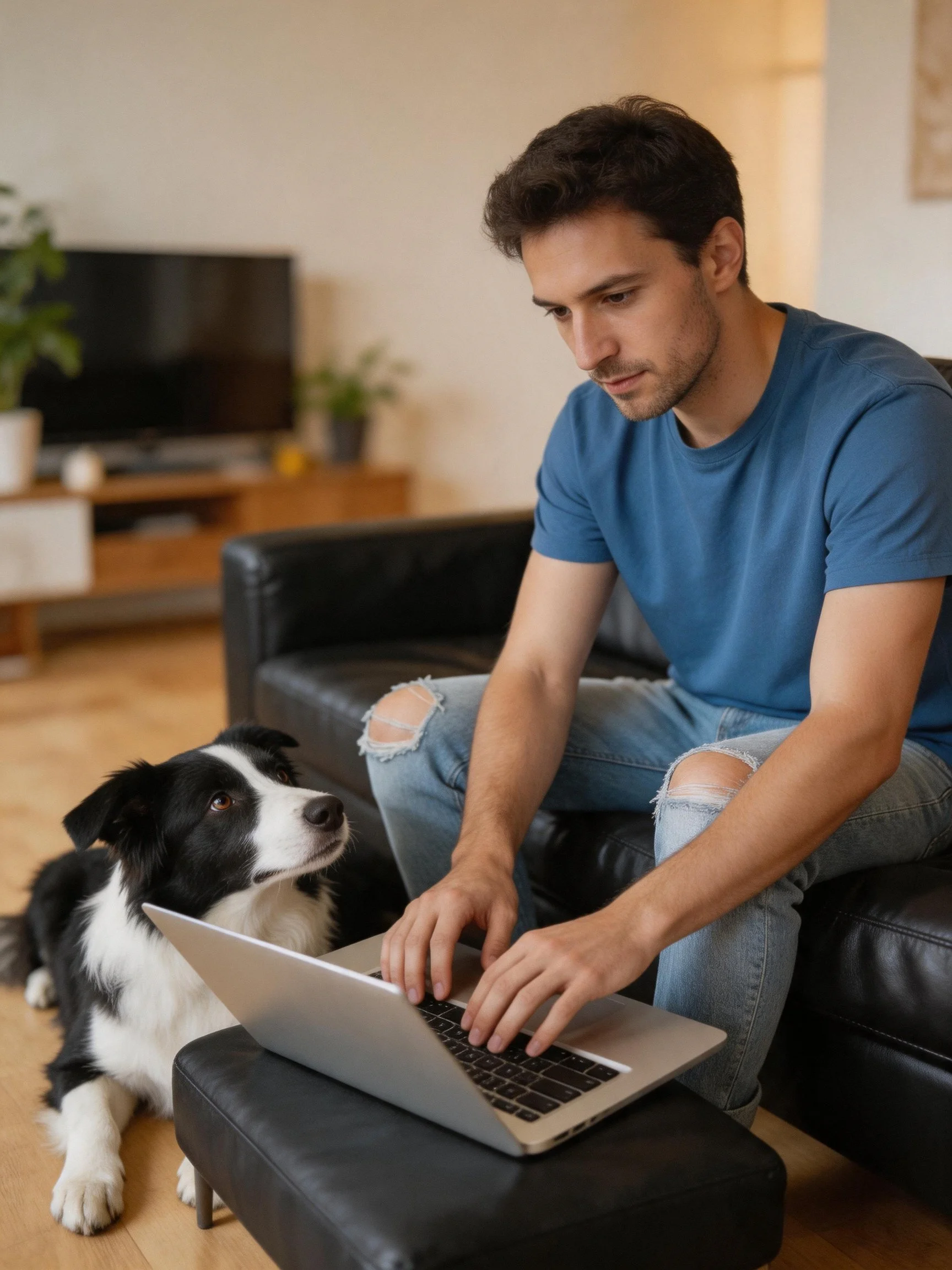 A man uses a laptop while a black and white dog sits close by in a living room.