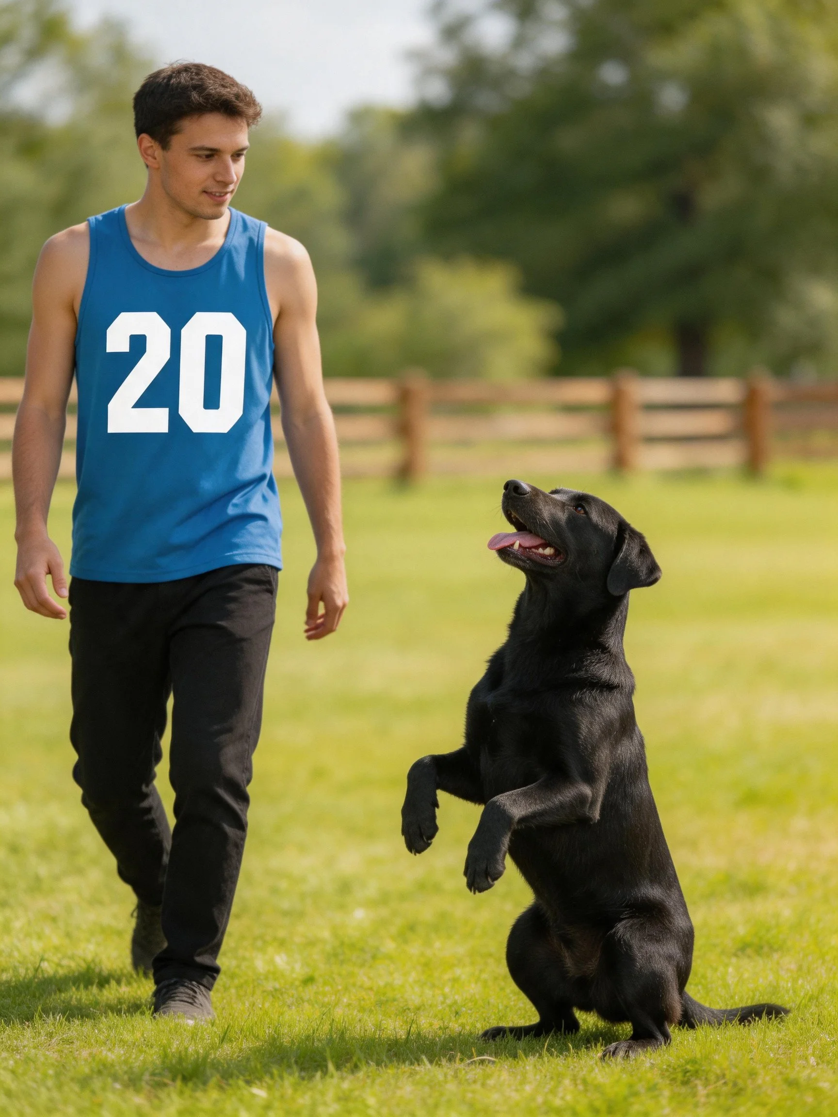 A man in a blue tank top interacts with a black dog on a green lawn