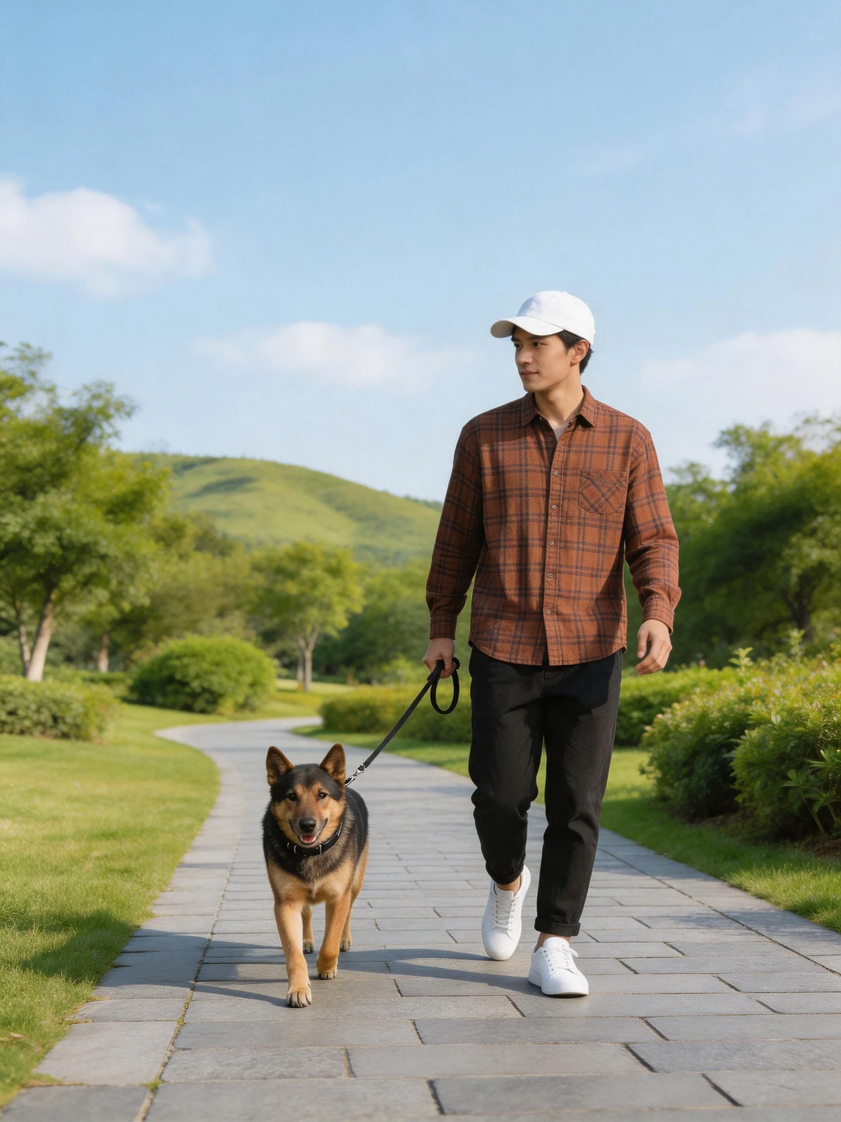 A man walks his German Shepherd on a paved path in a lush green park.