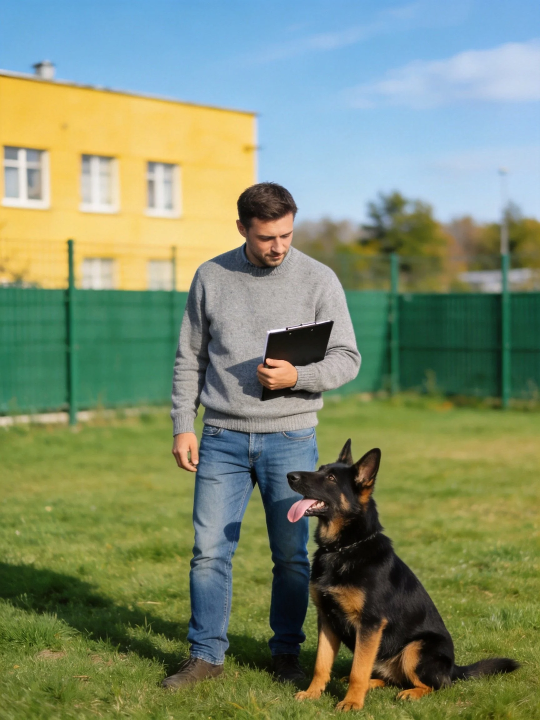 A man trains a German Shepherd outdoors beside a yellow building.
