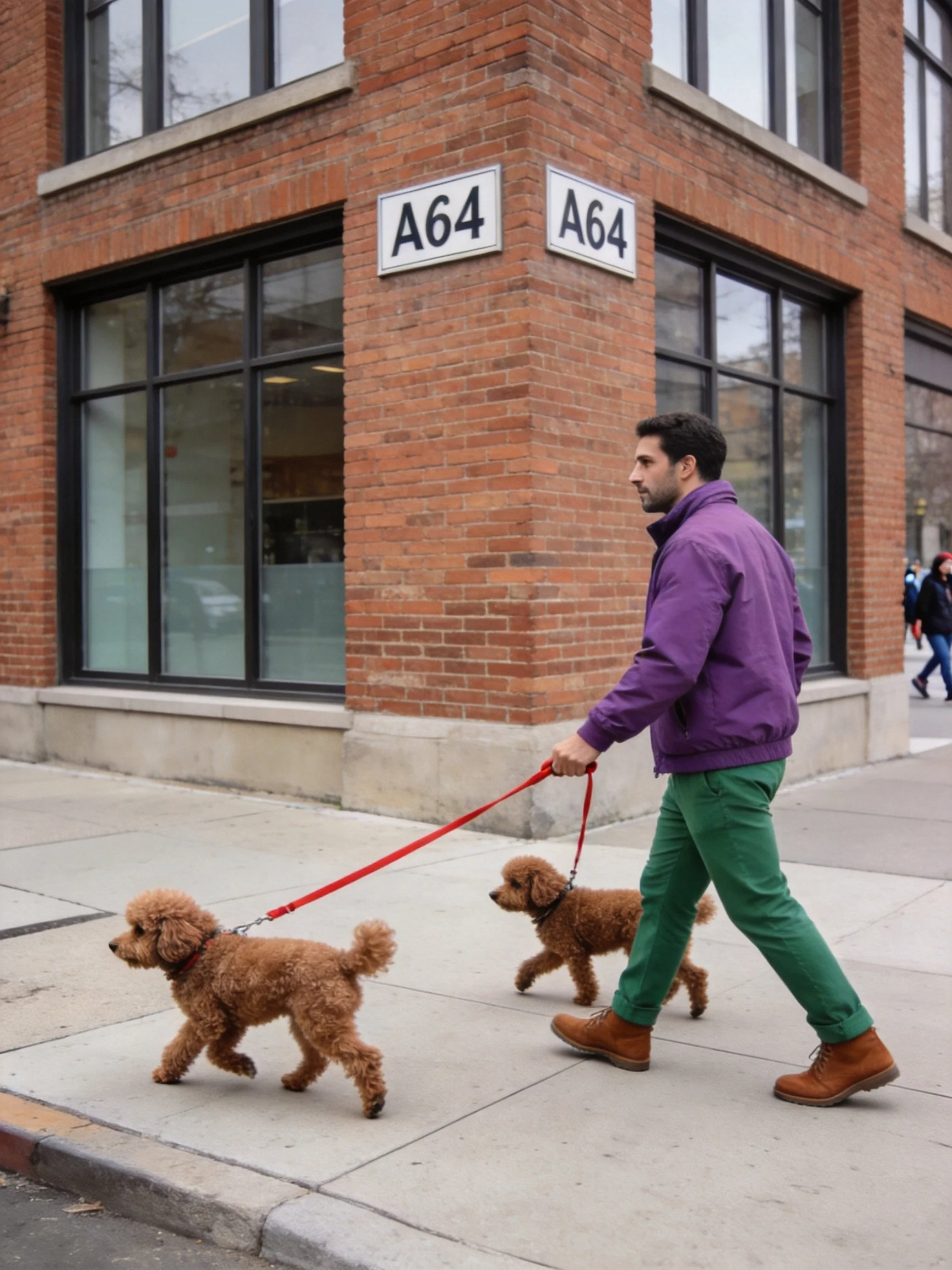 A man in a purple jacket walks two brown poodles past a brick building with A64 signs