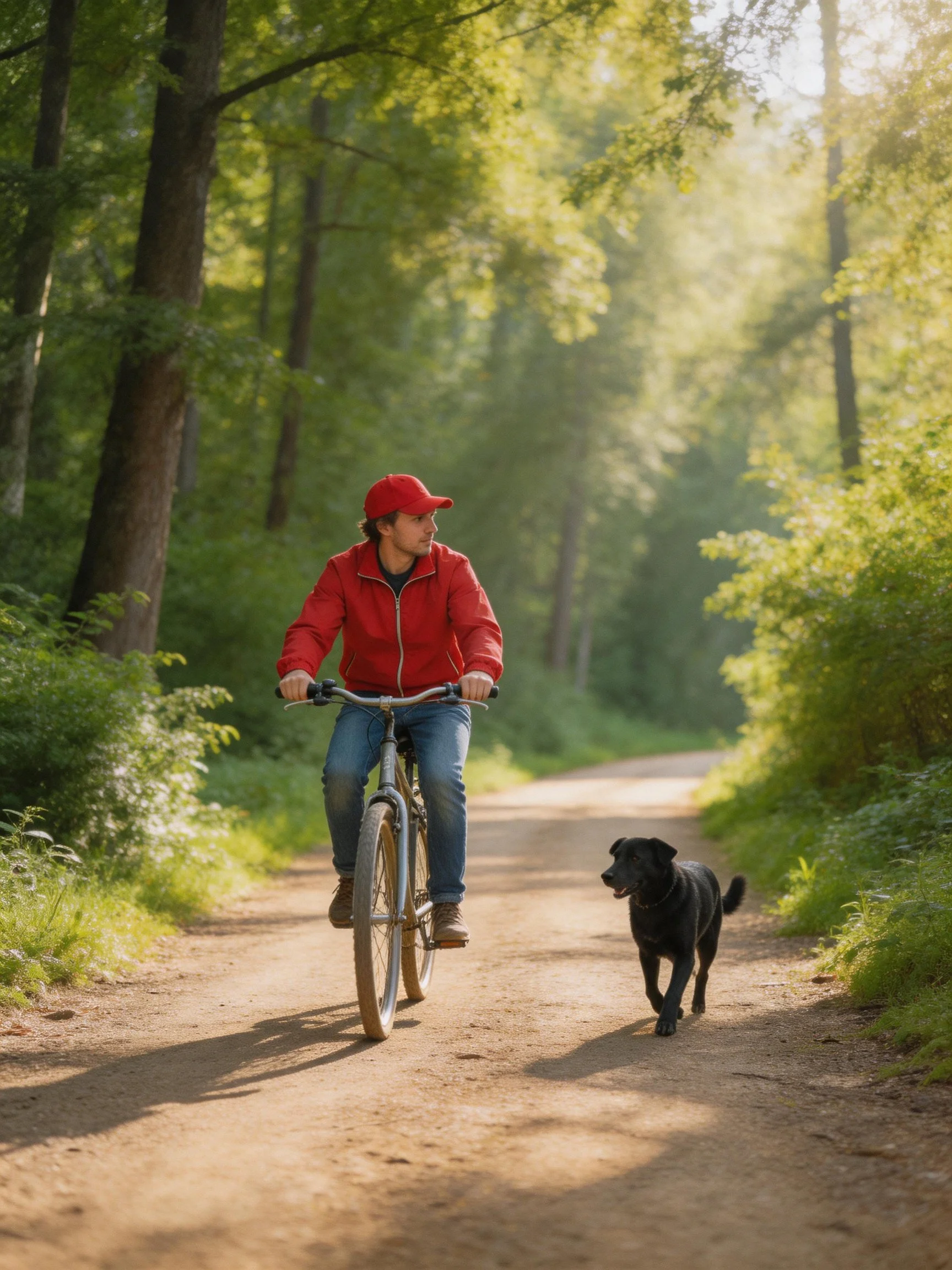 A man rides a bicycle along a sunlit forest path accompanied by a black dog.