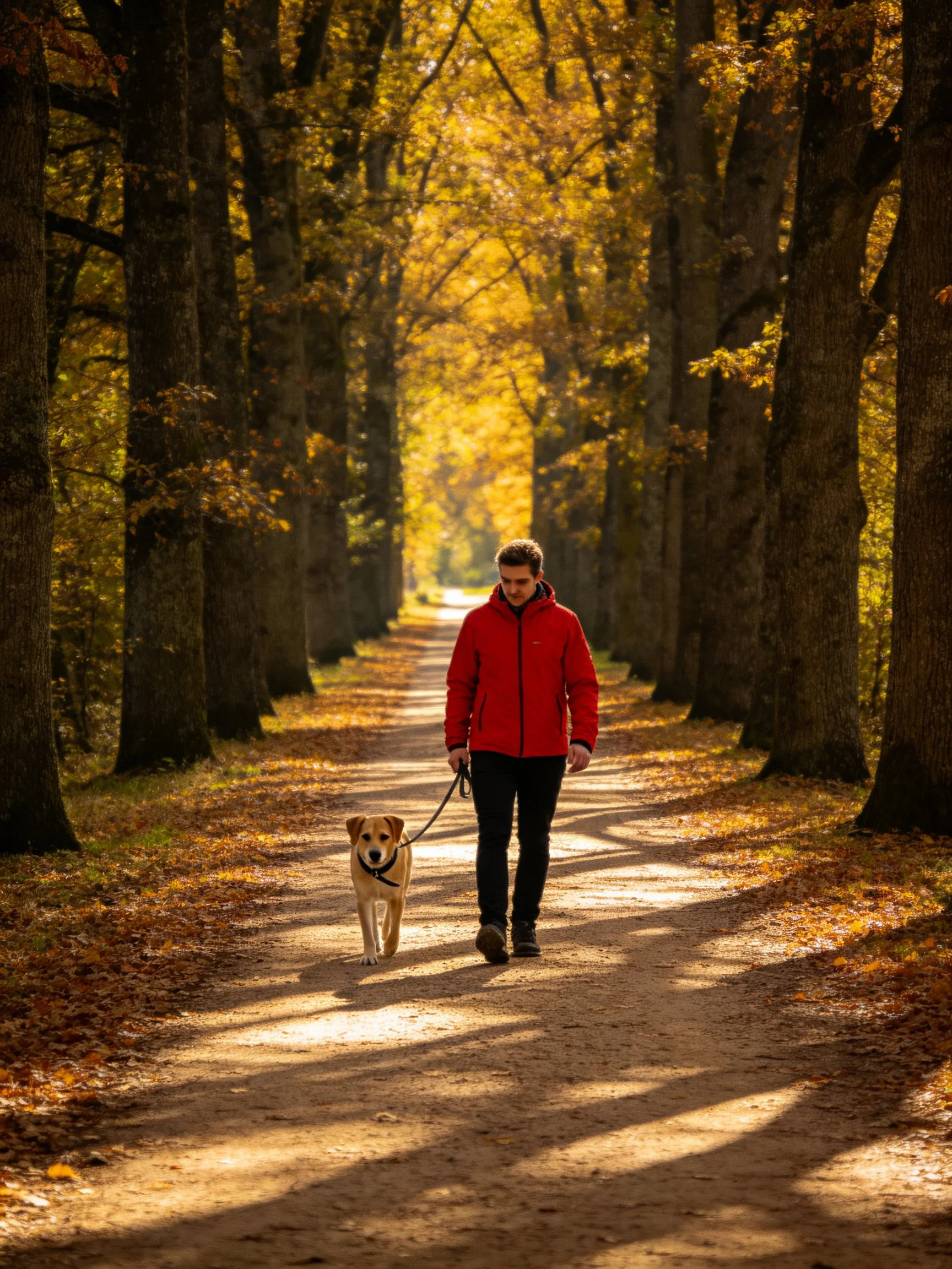 A man in a red jacket walks his dog down a sunlit, tree-lined autumn path.