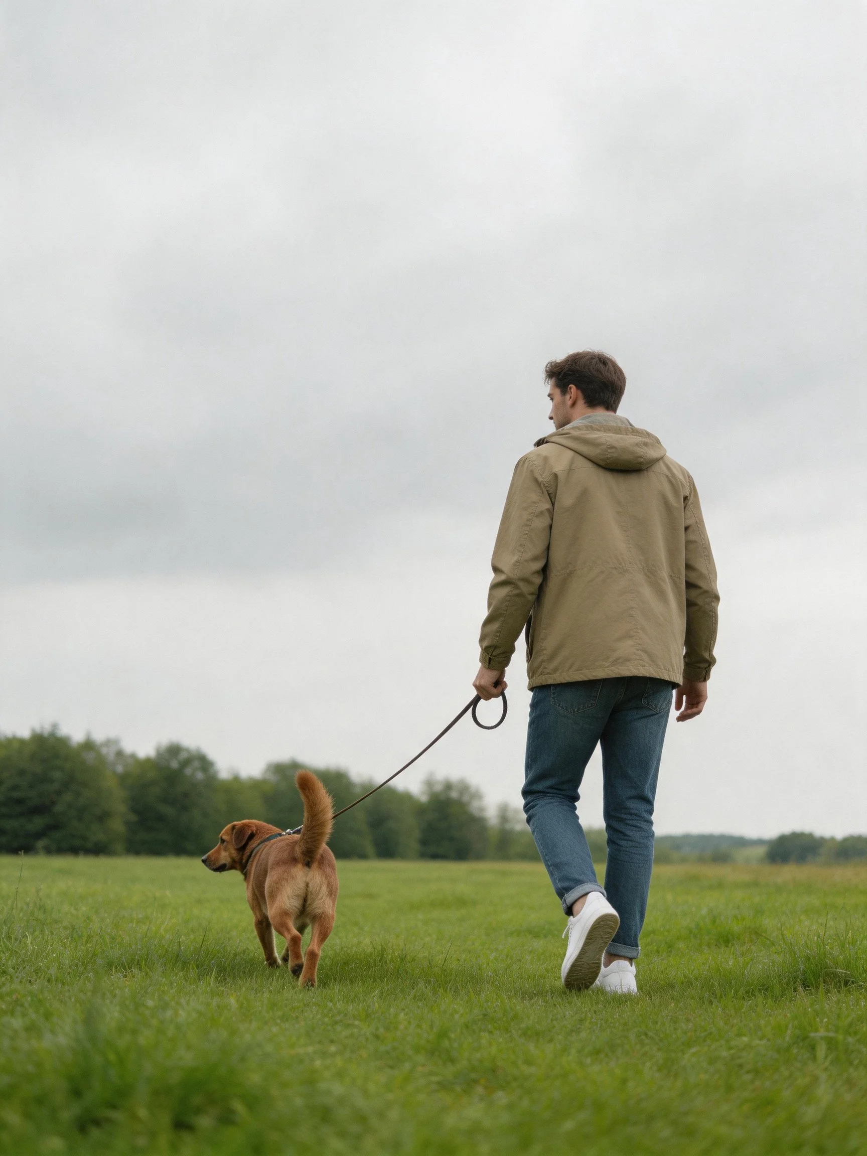 A man walks his brown dog through a green field under an overcast sky.