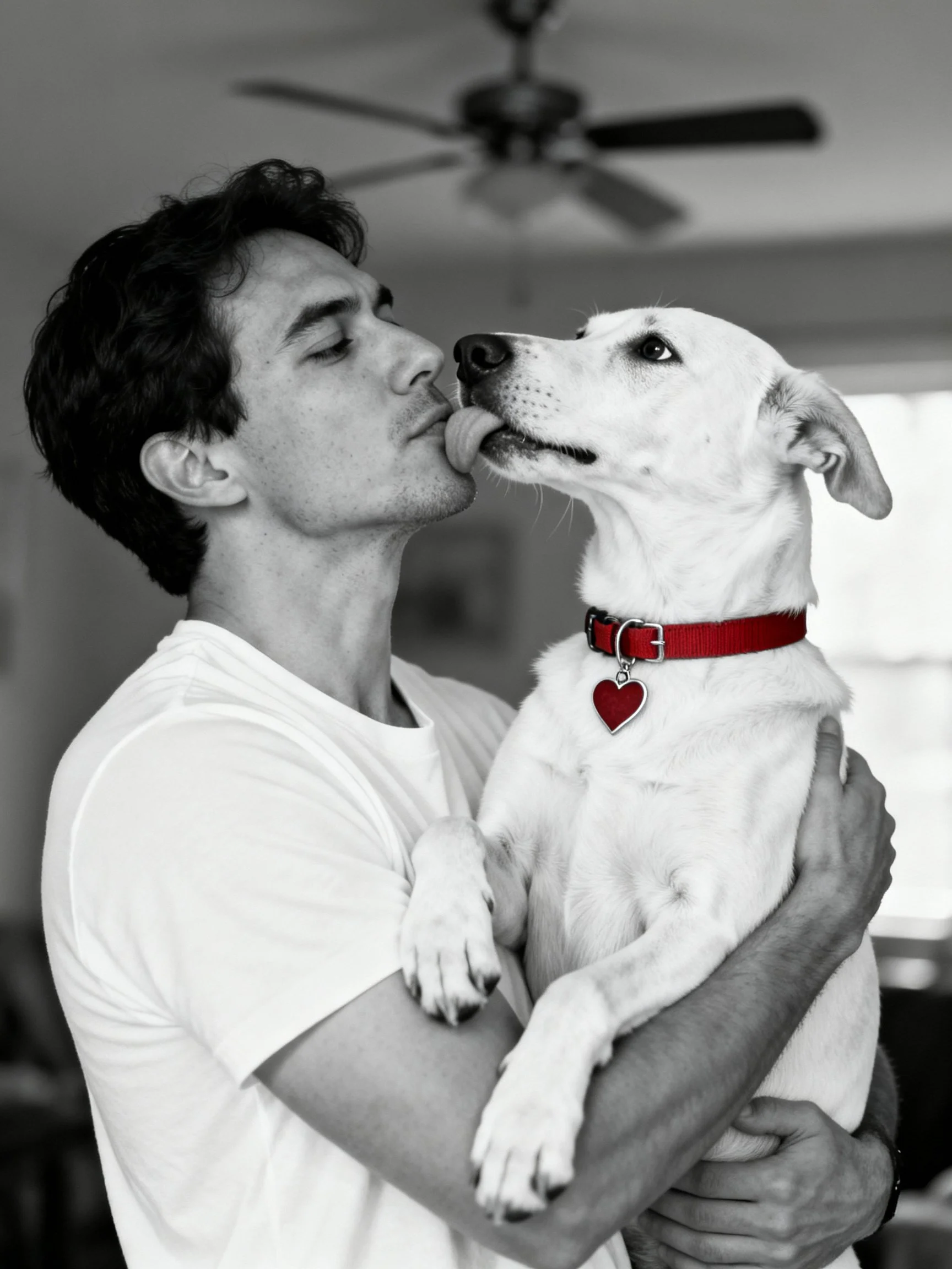 A man in a white shirt shares an affectionate moment with a white dog
