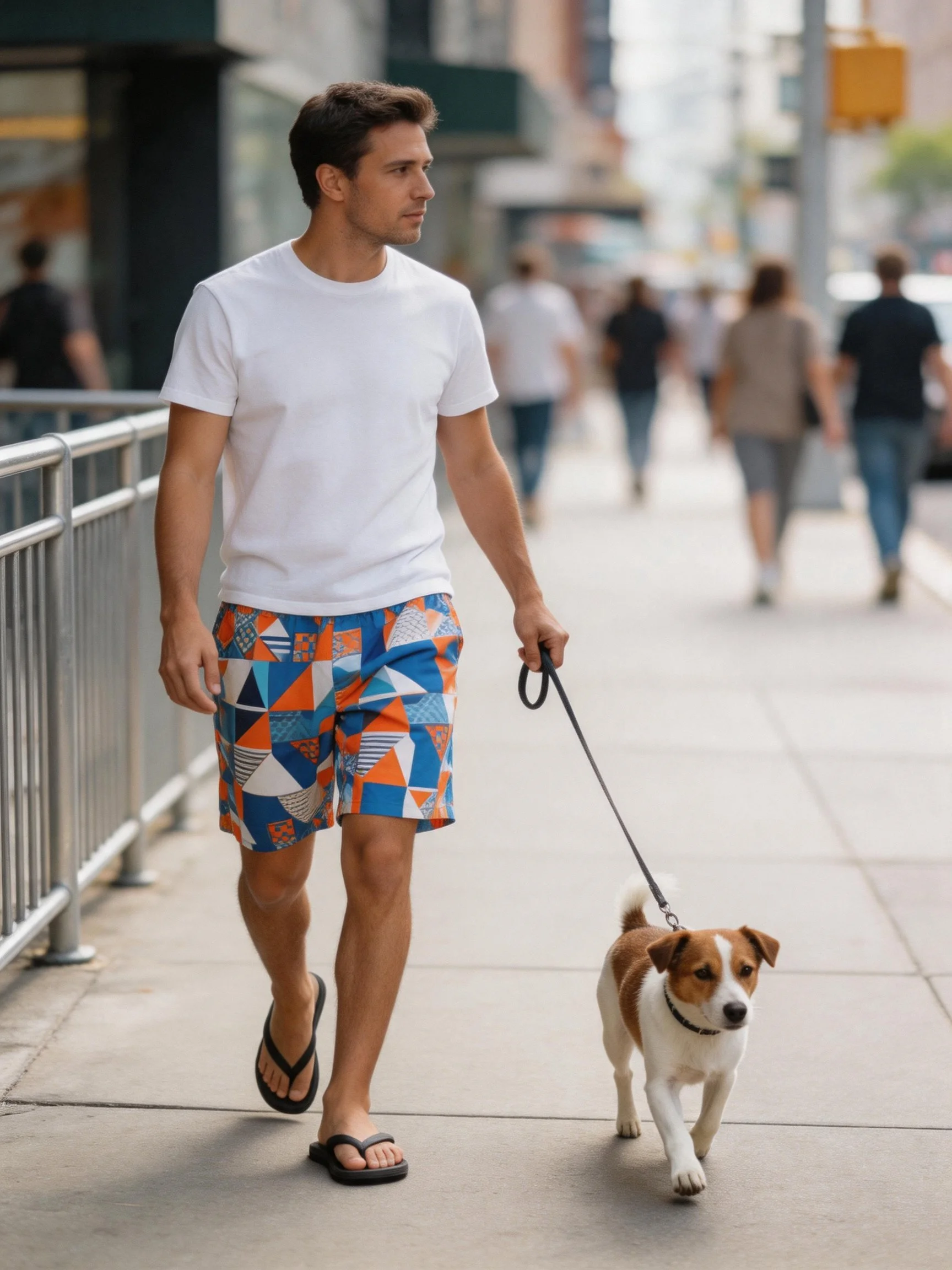 A man walks his dog on a busy city sidewalk with pedestrians nearby