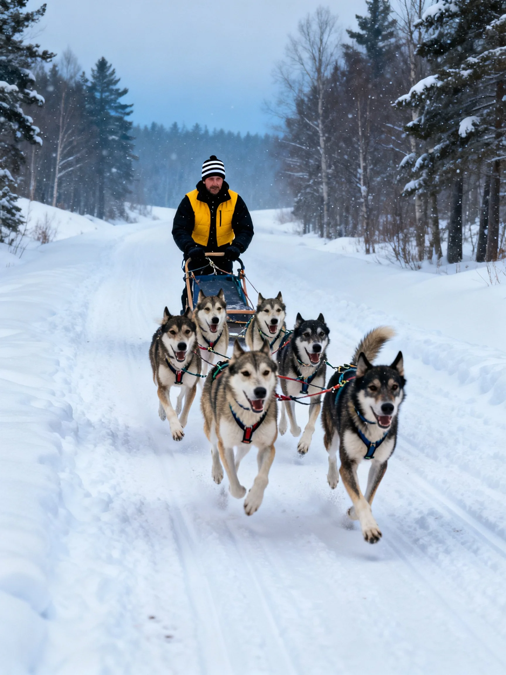 A man rides a sled pulled by six husky dogs along a snow - covered forest trail.