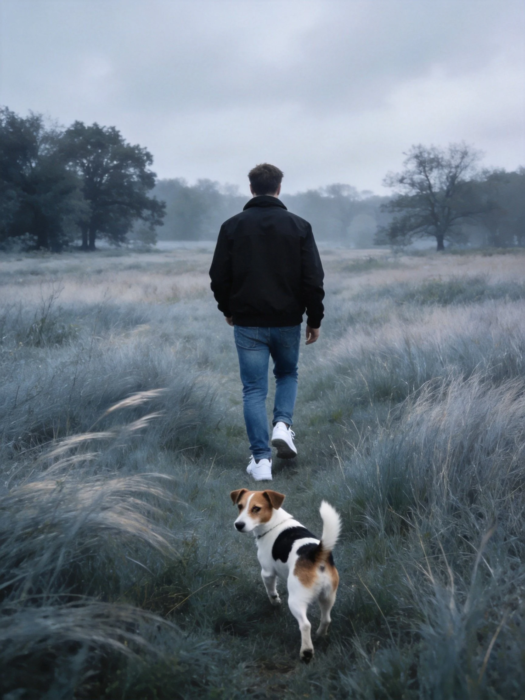 A man walks his dog through a misty field with trees in the distance